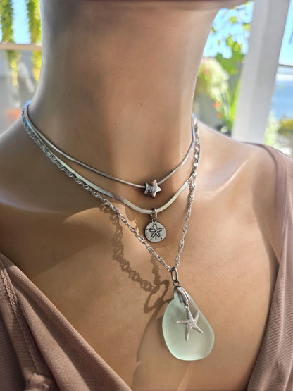 Layered Stainless Steel Sea Glass Necklace with Starfish Charm – Coastal Jewelry for Ocean Lovers