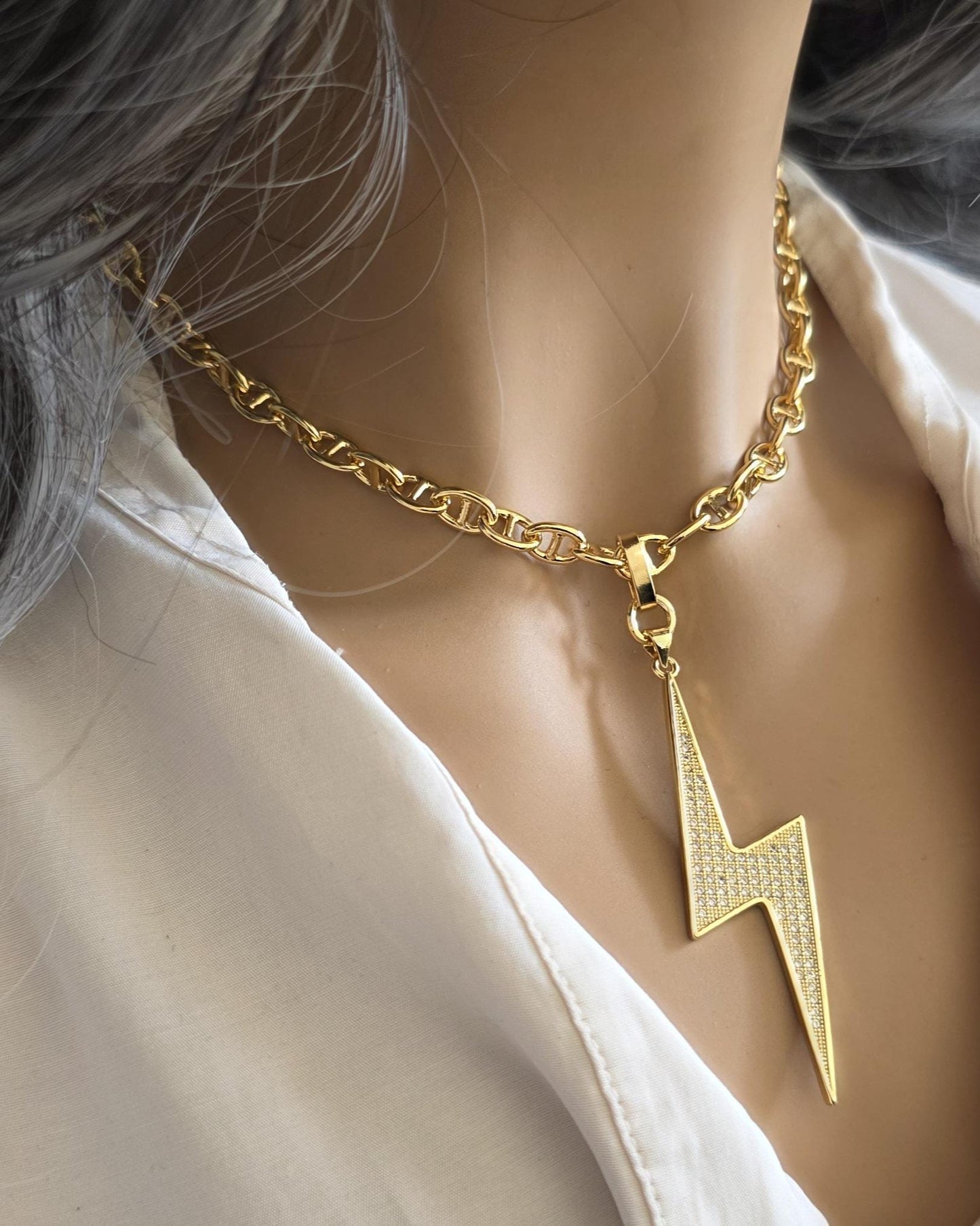 Lightening Bolt Pendant Gold Plated Cubic Zirconia Necklace Choker - Handmade jewelry gift for her, best friend, luxury maximalist jewelry