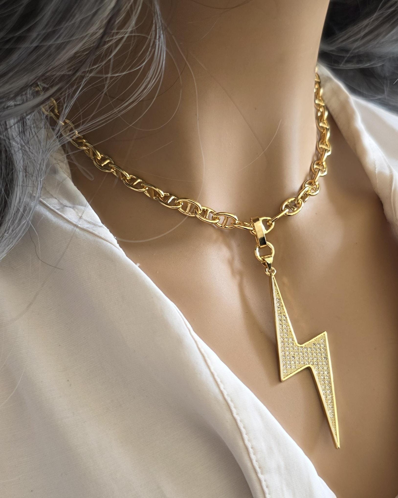 Lightening Bolt Pendant Gold Plated Cubic Zirconia Necklace Choker - Handmade jewelry gift for her, best friend, luxury maximalist jewelry
