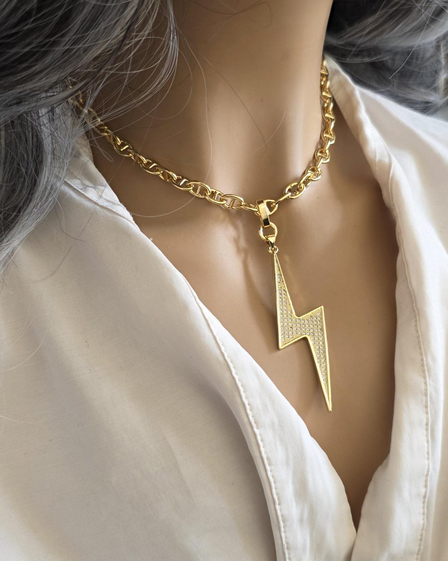 Lightening Bolt Pendant Gold Plated Cubic Zirconia Necklace Choker - Handmade jewelry gift for her, best friend, luxury maximalist jewelry