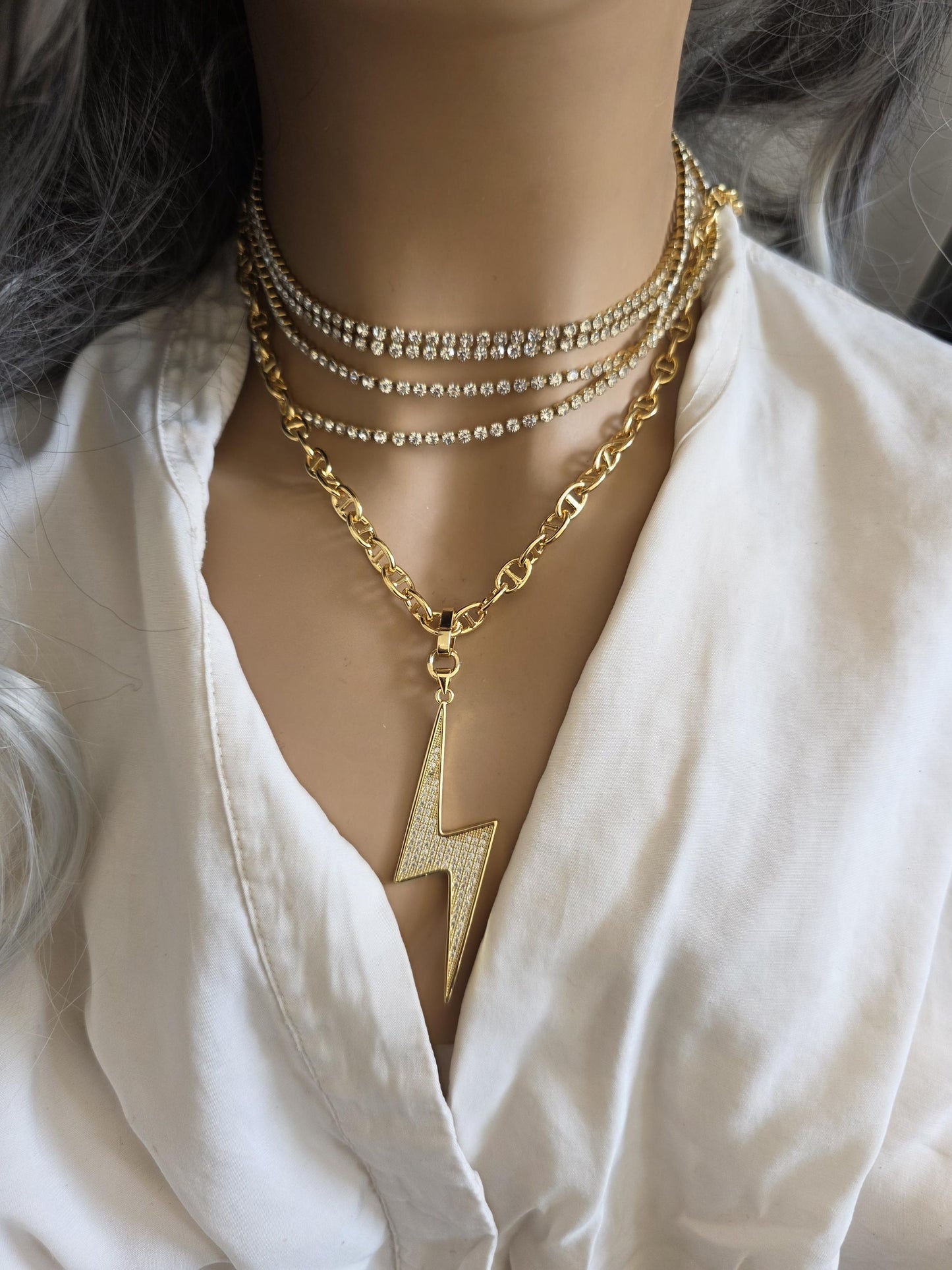 Lightening Bolt Pendant Gold Plated Cubic Zirconia Necklace Choker - Handmade jewelry gift for her, best friend, luxury maximalist jewelry