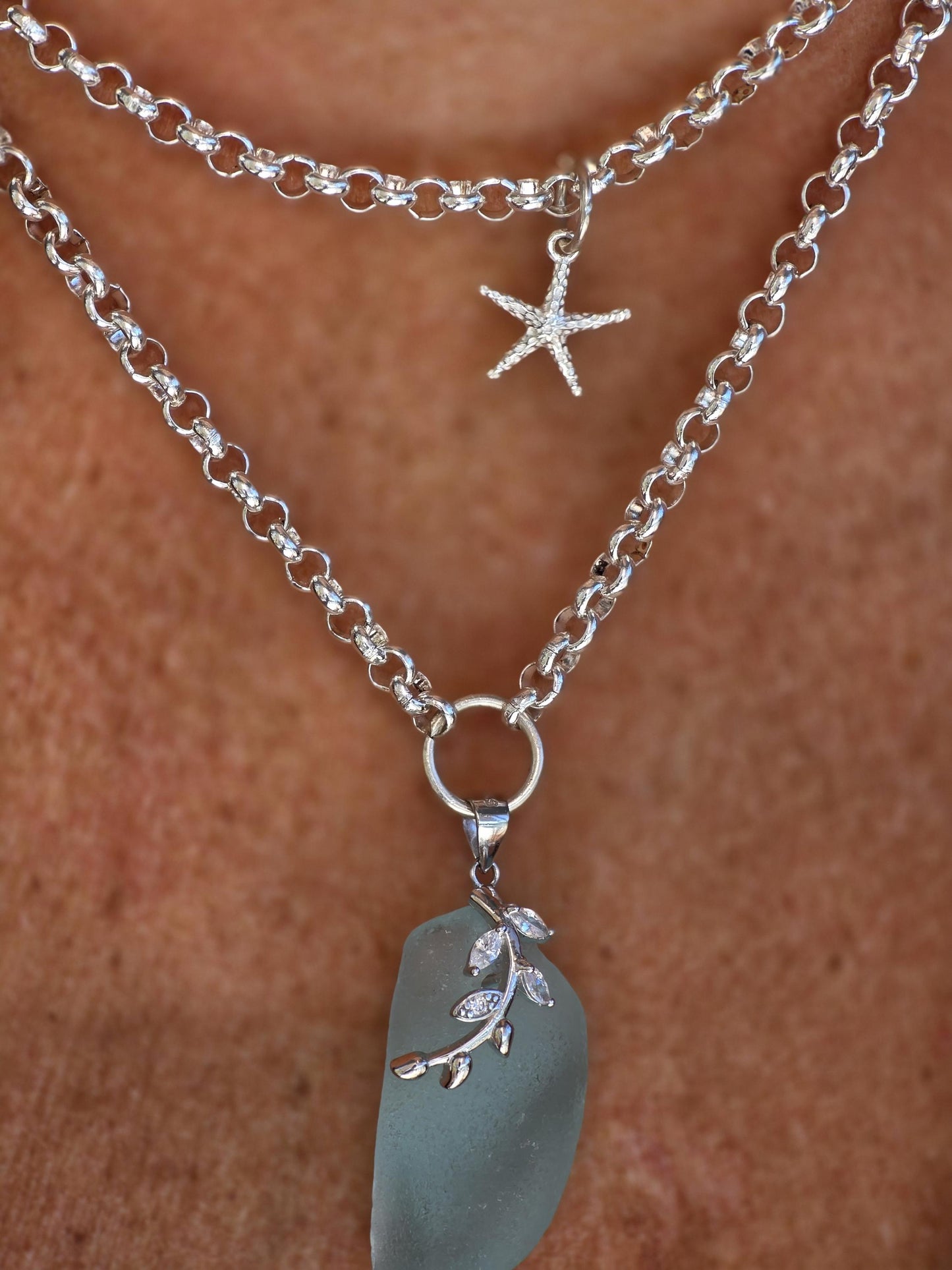 Layered Silver Genuine Sea Glass Pendant Necklace with Starfish Charm, Coastal Jewelry Gift for Ocean Lovers, Beach Layering Necklace