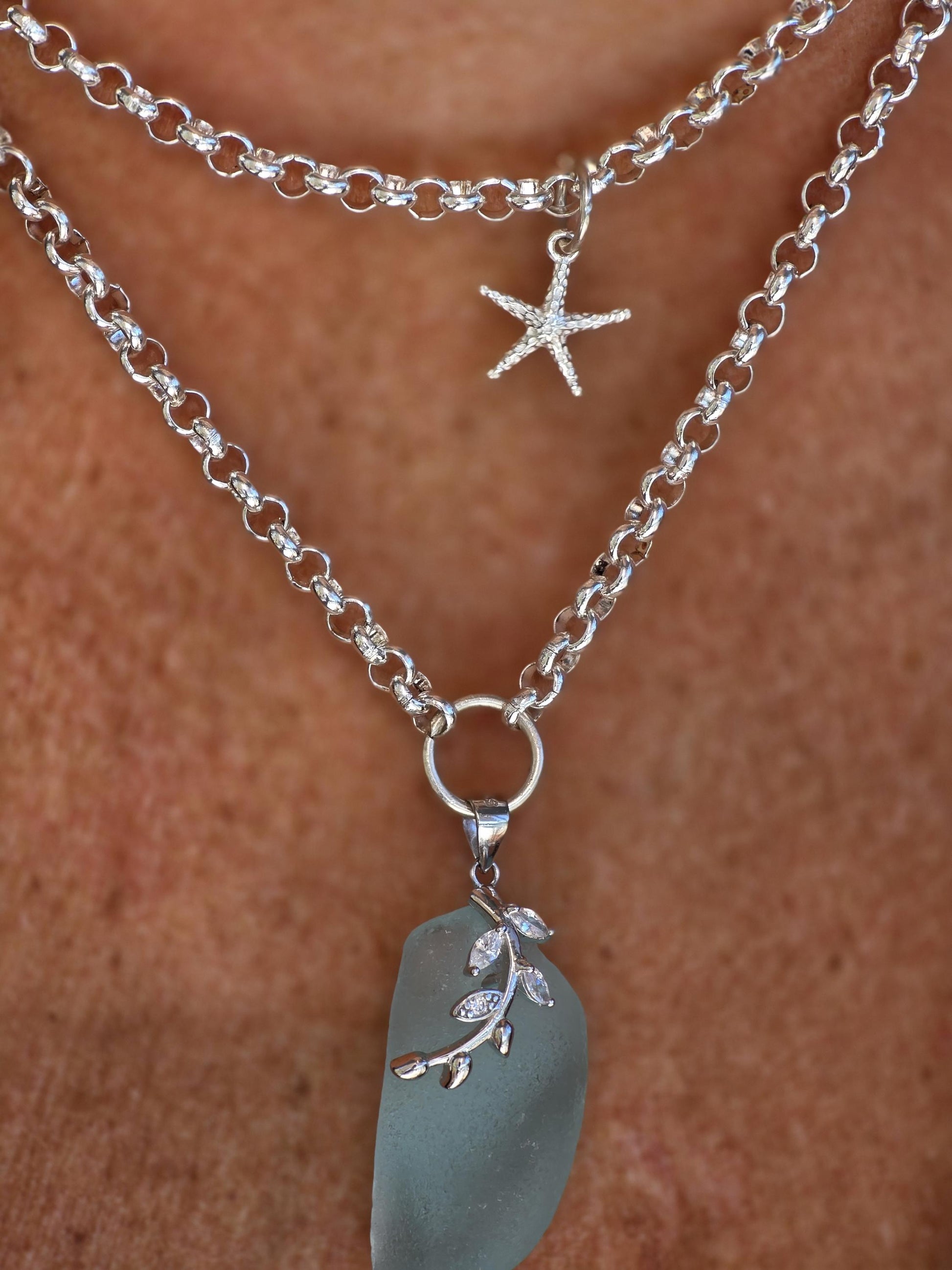 Layered Silver Genuine Sea Glass Pendant Necklace with Starfish Charm, Coastal Jewelry Gift for Ocean Lovers, Beach Layering Necklace