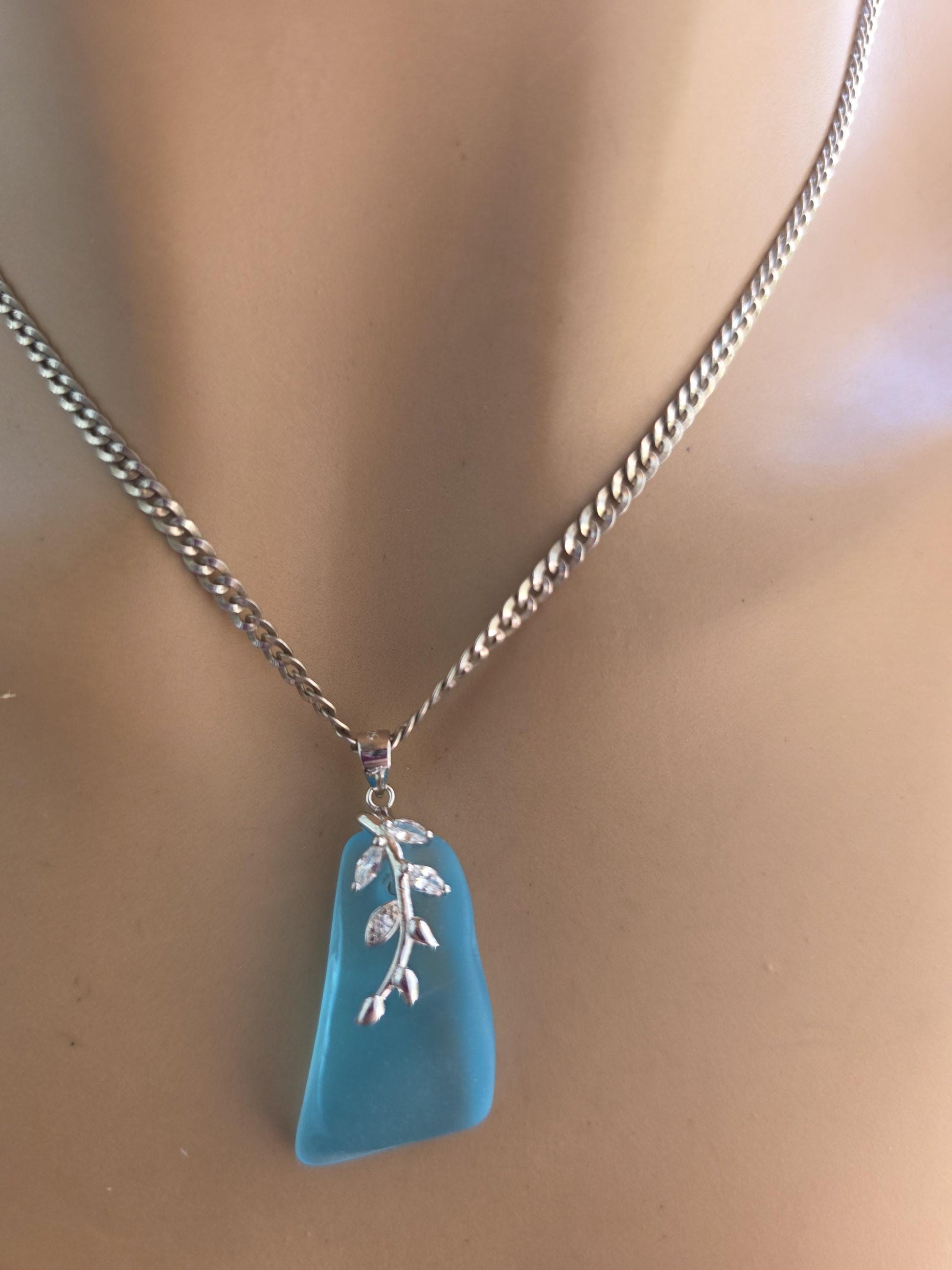 Daughter of the Deep – Blue Sea Glass Necklace, Sterling Silver Ocean Jewelry, Rare Sea Glass Pendant, Norse Myth Coastal Necklace