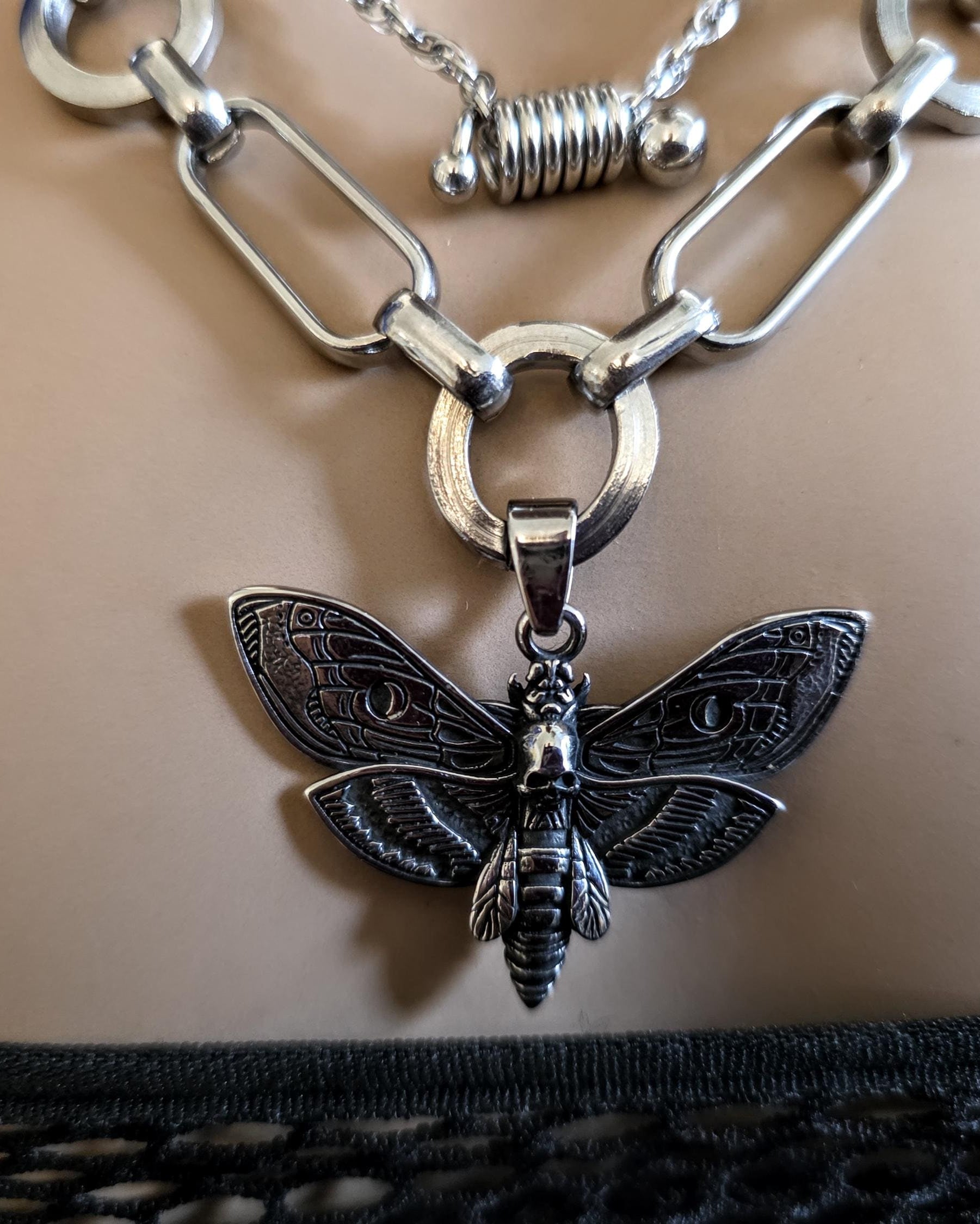 Death Moth Gothic Punk Pendant Multi Strand Choker Goth Necklace Set | Alt Aesthetic edgy chunky statement handmade jewelry gift for her