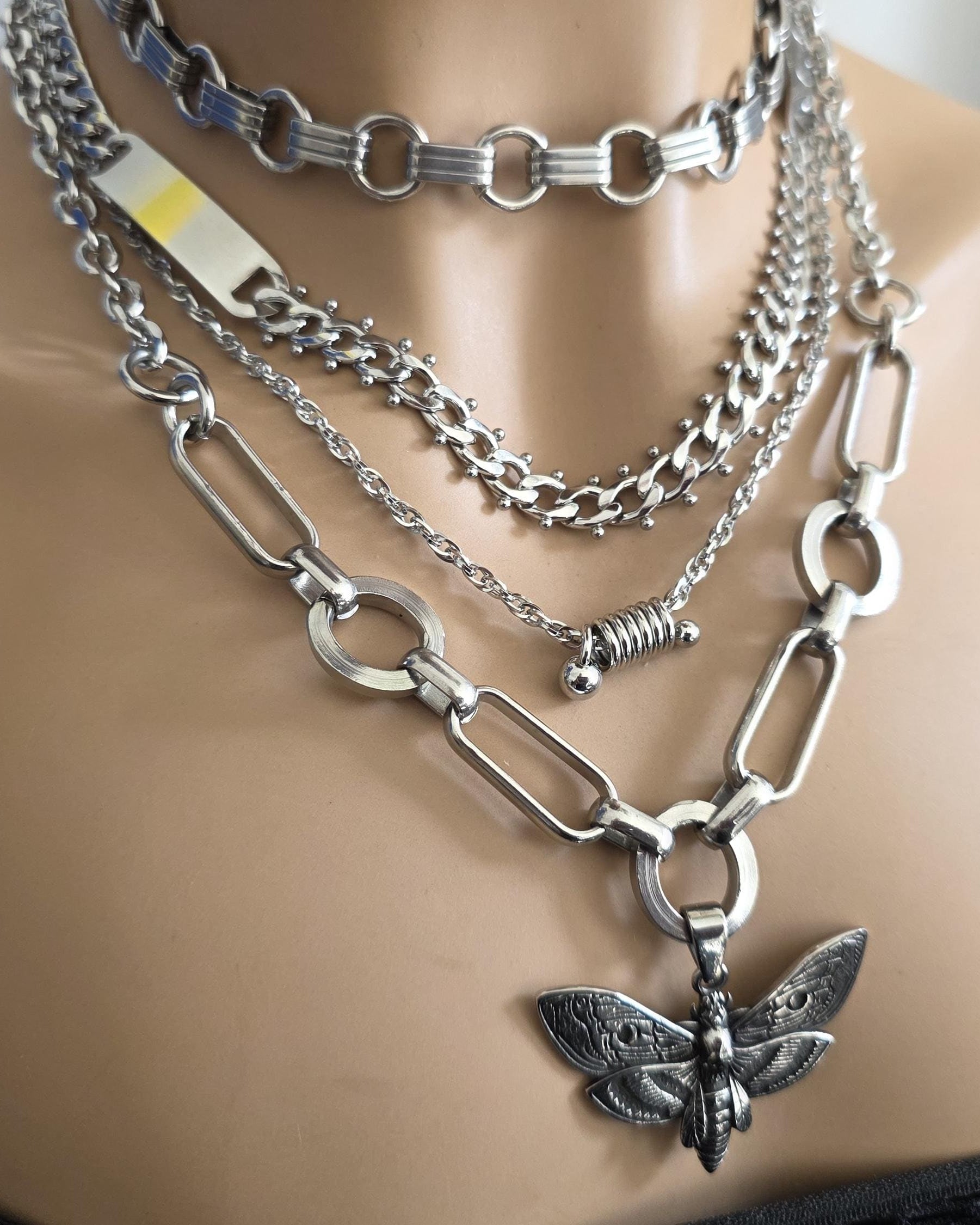 Death Moth Gothic Punk Pendant Multi Strand Choker Goth Necklace Set | Alt Aesthetic edgy chunky statement handmade jewelry gift for her