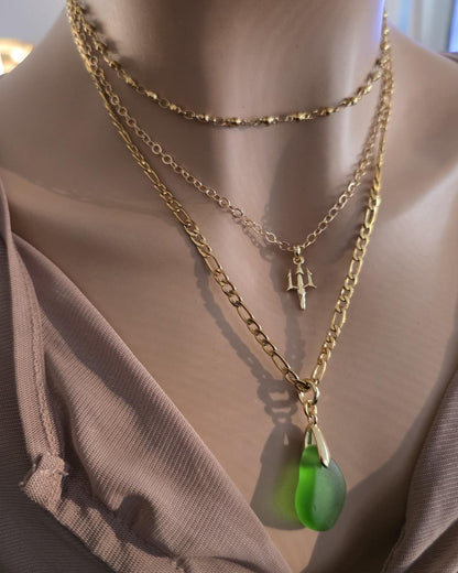Green Sea Glass and Gold Multi Strand Layered Pendant Necklace Set - Great mom or girlfriend gift, boho ocean lover, beach jewelry