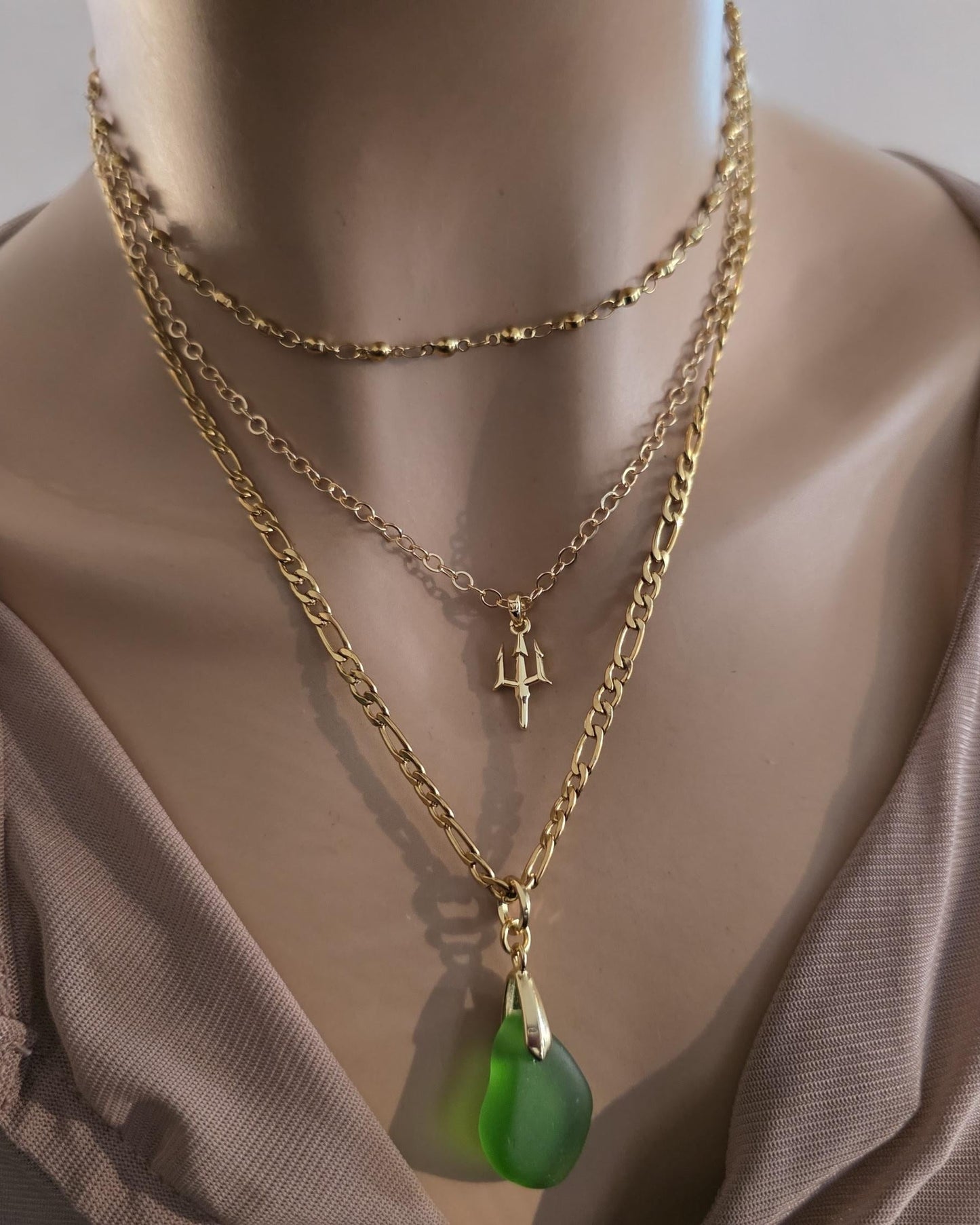 Green Sea Glass and Gold Multi Strand Layered Pendant Necklace Set - Great mom or girlfriend gift, boho ocean lover, beach jewelry