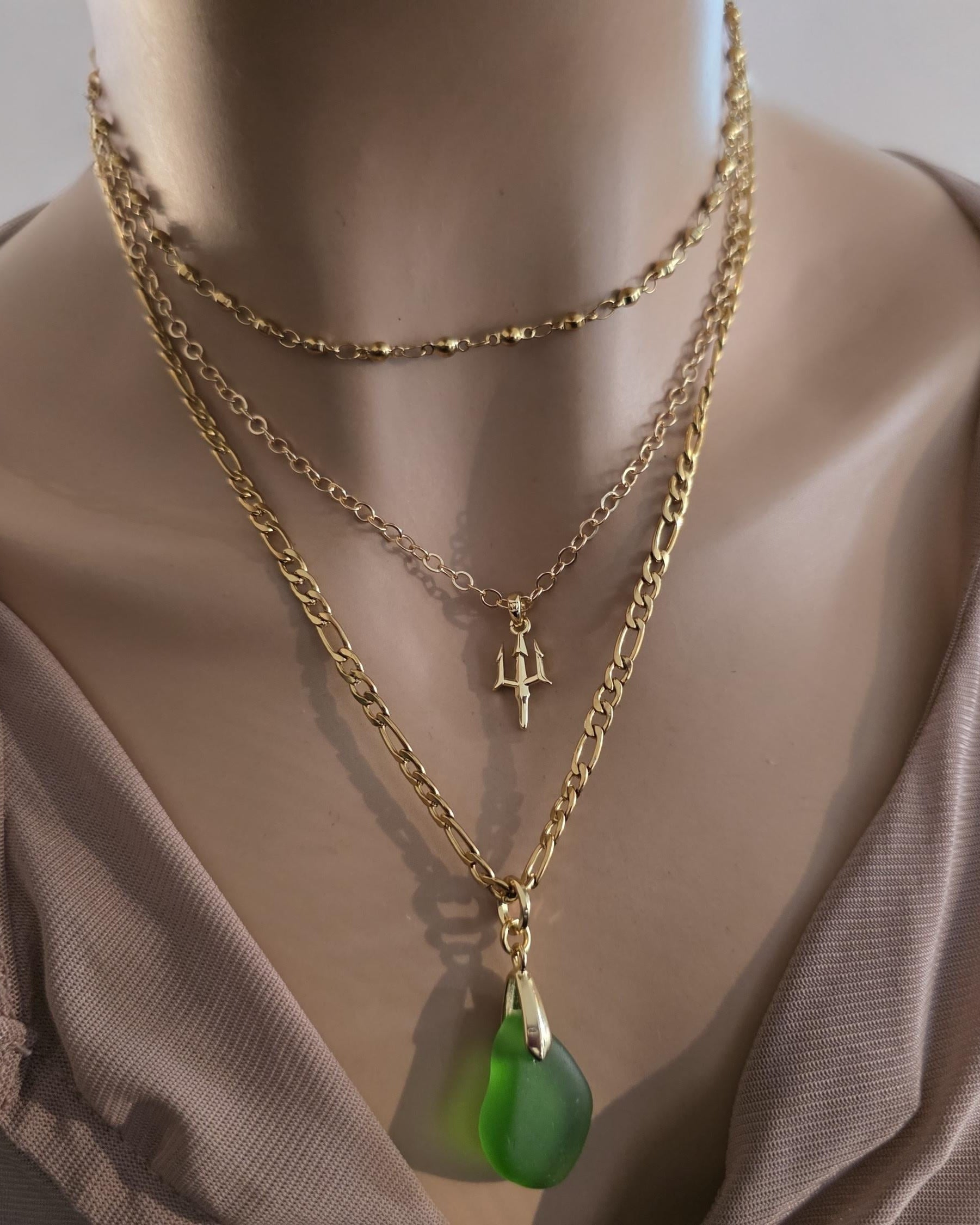 Green Sea Glass and Gold Multi Strand Layered Pendant Necklace Set - Great mom or girlfriend gift, boho ocean lover, beach jewelry