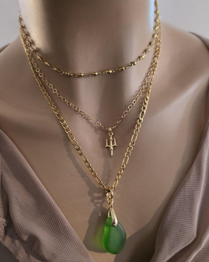 Green Sea Glass and Gold Multi Strand Layered Pendant Necklace Set - Great mom or girlfriend gift, boho ocean lover, beach jewelry