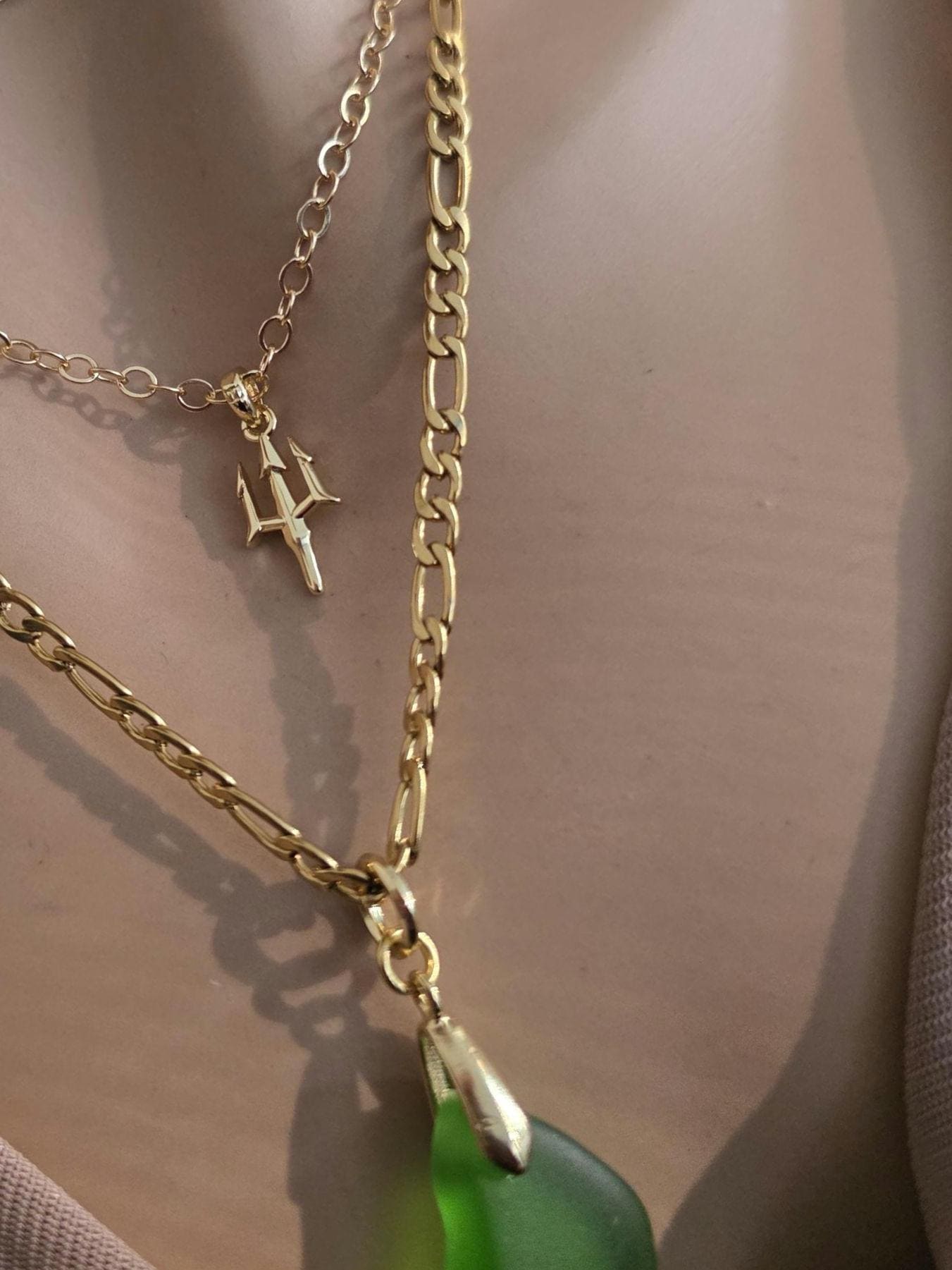 Green Sea Glass and Gold Multi Strand Layered Pendant Necklace Set - Great mom or girlfriend gift, boho ocean lover, beach jewelry