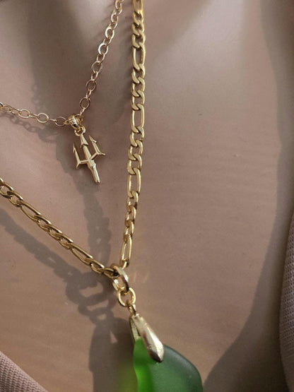 Green Sea Glass and Gold Multi Strand Layered Pendant Necklace Set - Great mom or girlfriend gift, boho ocean lover, beach jewelry