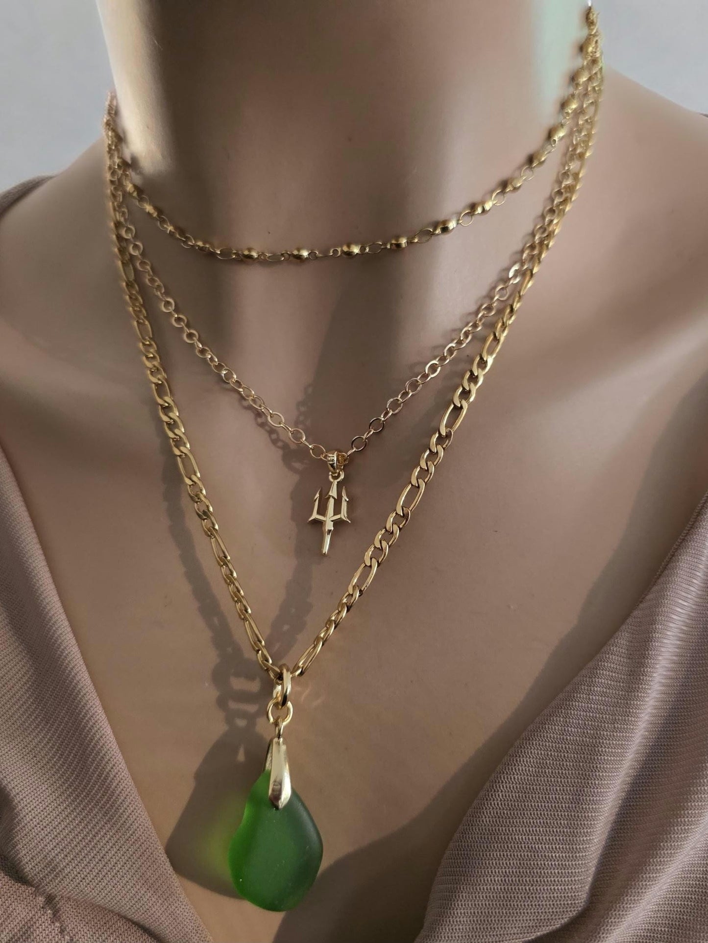 Green Sea Glass and Gold Multi Strand Layered Pendant Necklace Set - Great mom or girlfriend gift, boho ocean lover, beach jewelry