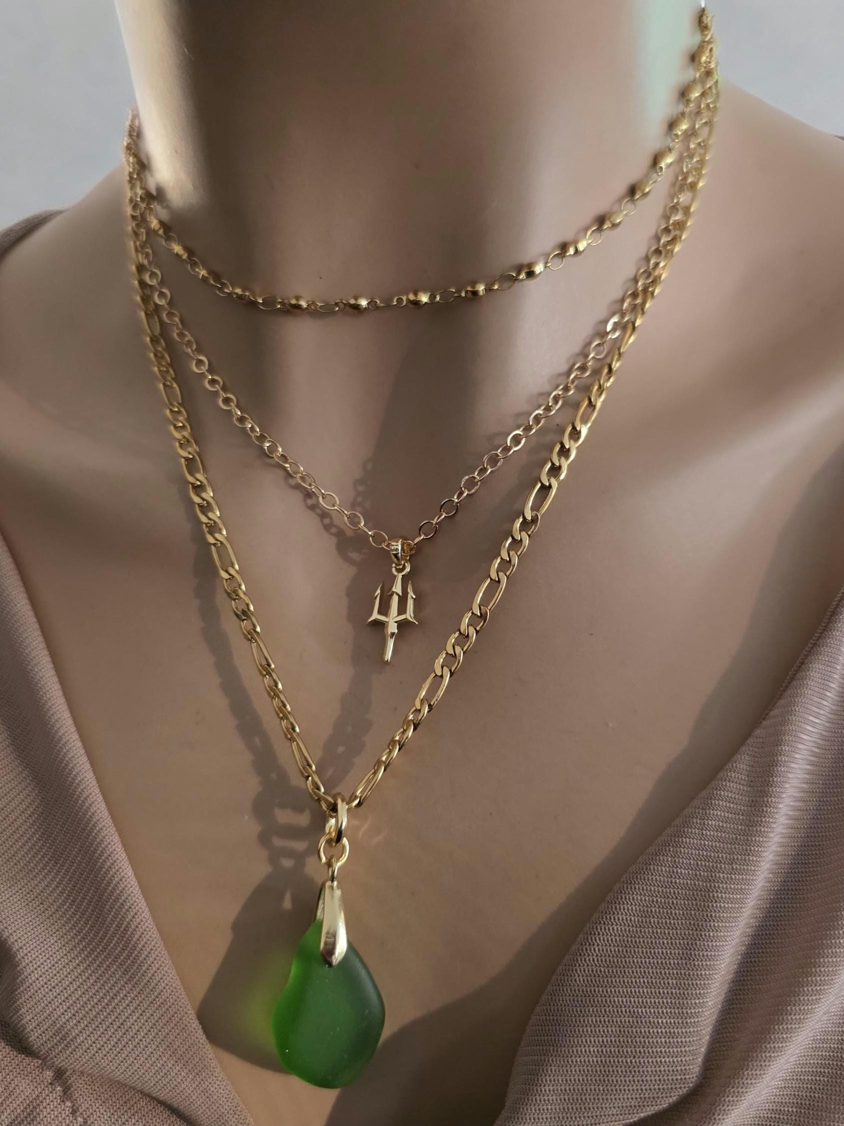 Green Sea Glass and Gold Multi Strand Layered Pendant Necklace Set - Great mom or girlfriend gift, boho ocean lover, beach jewelry