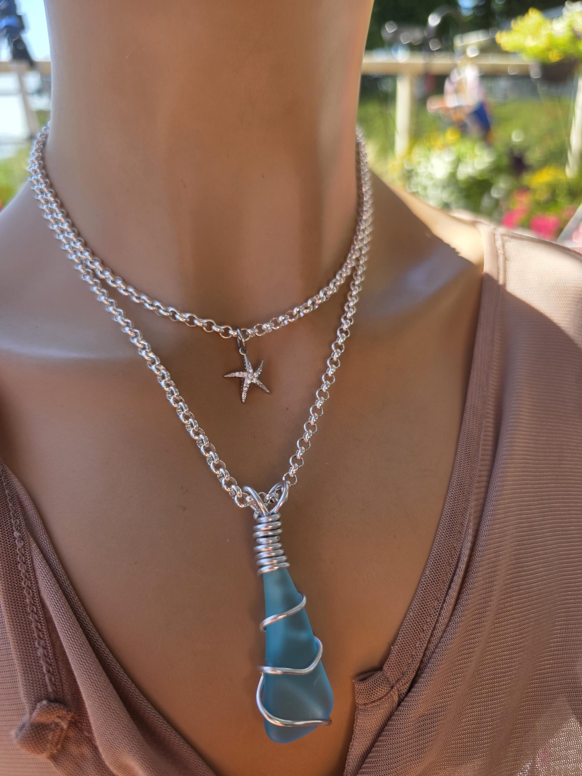 Turquoise Sea Glass Multi Strand Layered Pendant Necklace Set Starfish - Great mom or girlfriend gift, boho ocean lover, beach jewelry