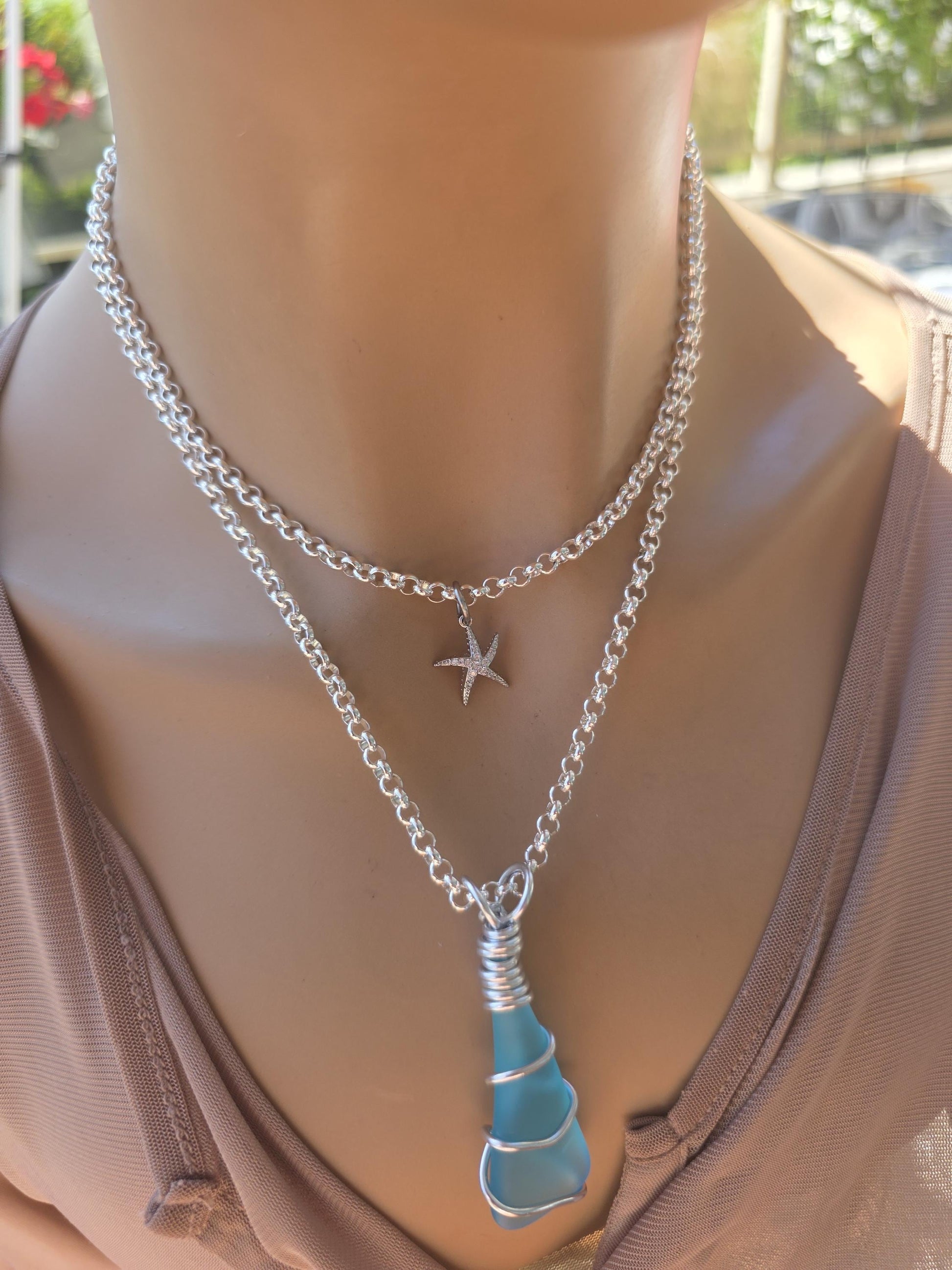 Turquoise Sea Glass Multi Strand Layered Pendant Necklace Set Starfish - Great mom or girlfriend gift, boho ocean lover, beach jewelry
