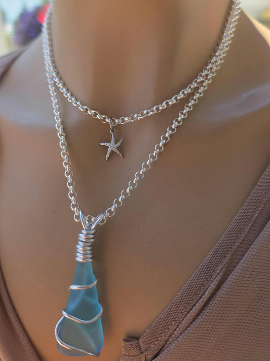 Turquoise Sea Glass Multi Strand Layered Pendant Necklace Set Starfish - Great mom or girlfriend gift, boho ocean lover, beach jewelry