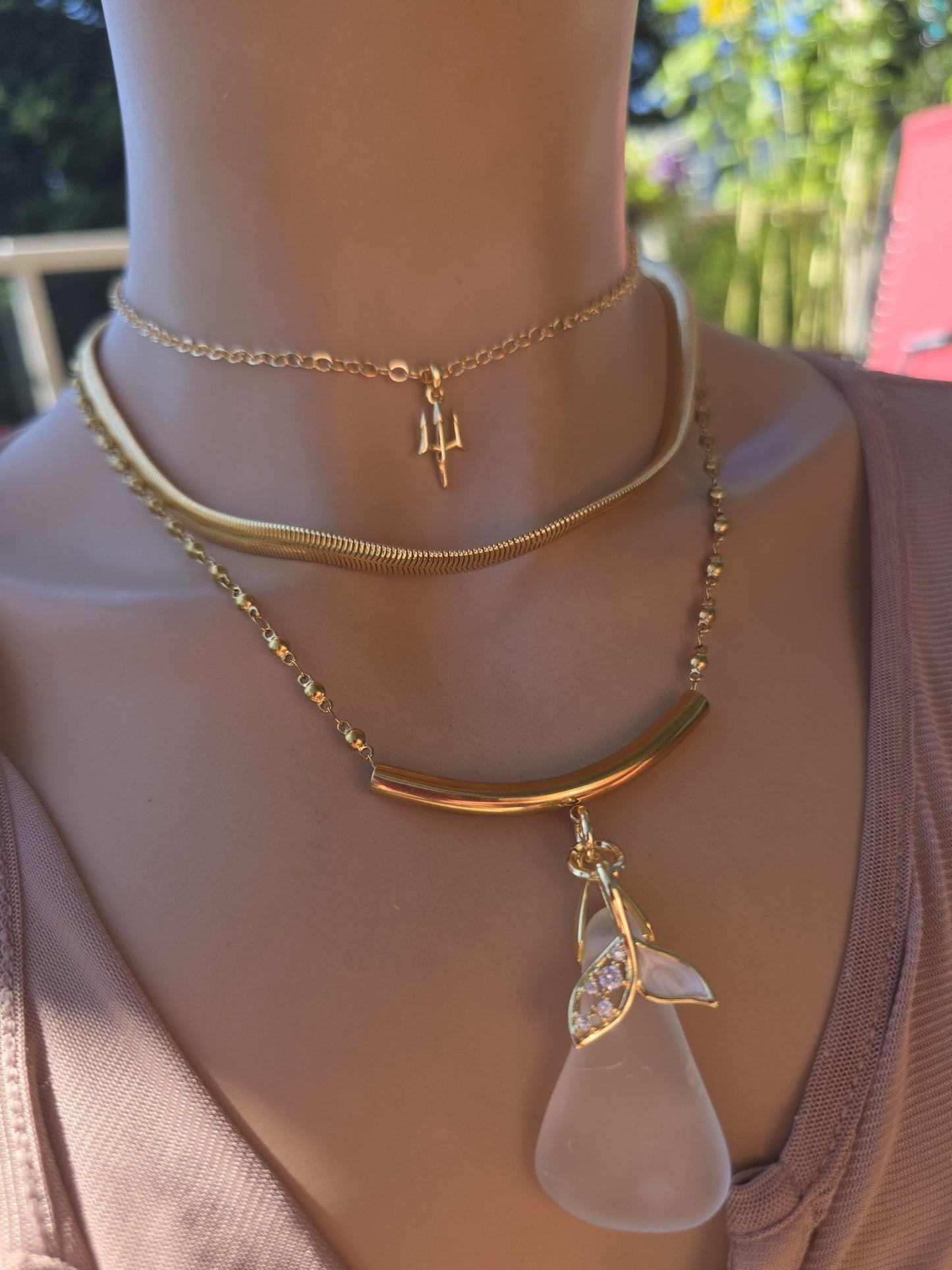 Skadi’s Shoreline – White Sea Glass Necklace, Gold Plated Steel Jewelry, Norse Goddess Pendant, Ocean Tumbled Glass Coastal Layered Necklace