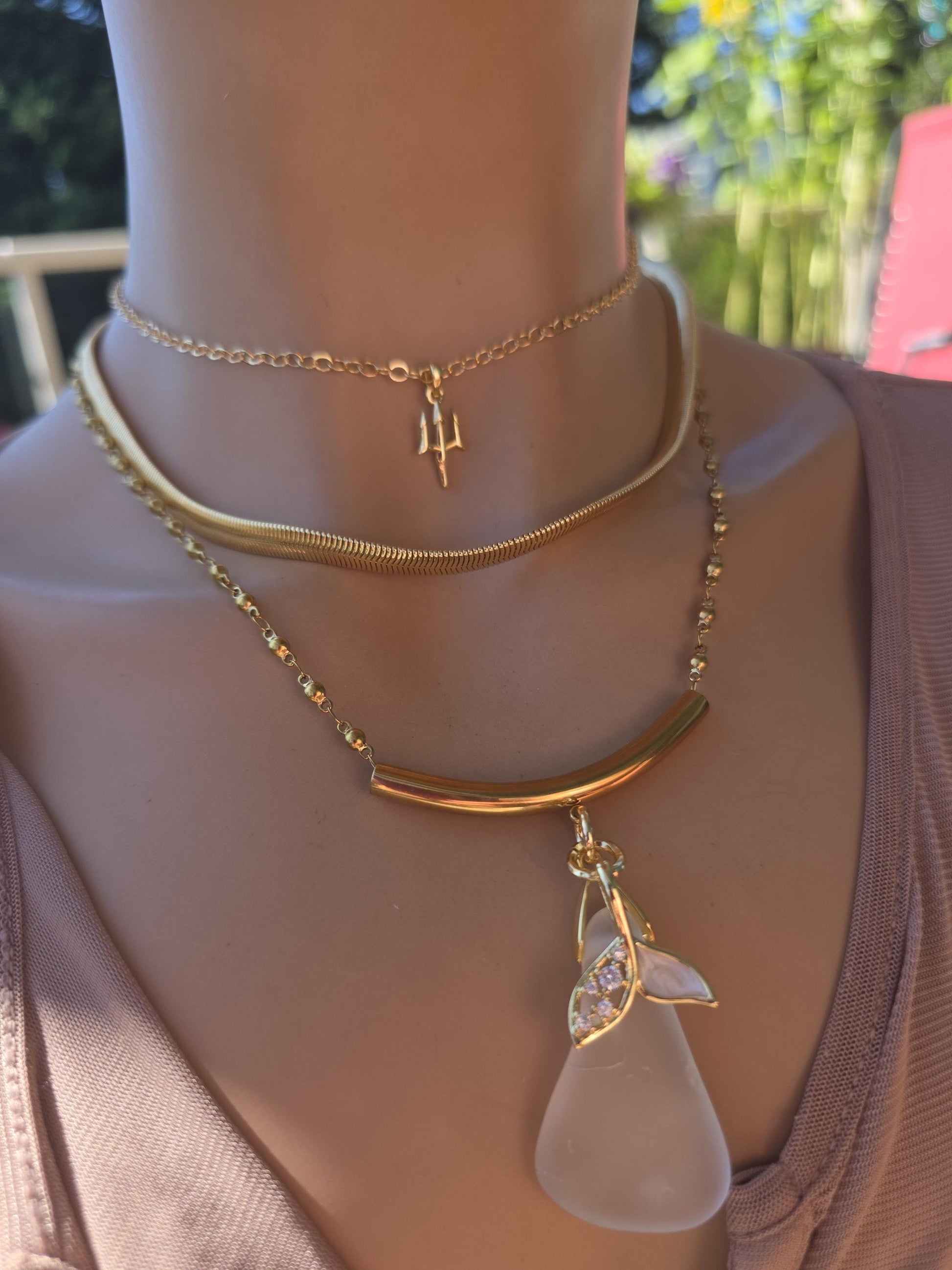 Skadi’s Shoreline – White Sea Glass Necklace, Gold Plated Steel Jewelry, Norse Goddess Pendant, Ocean Tumbled Glass Coastal Layered Necklace