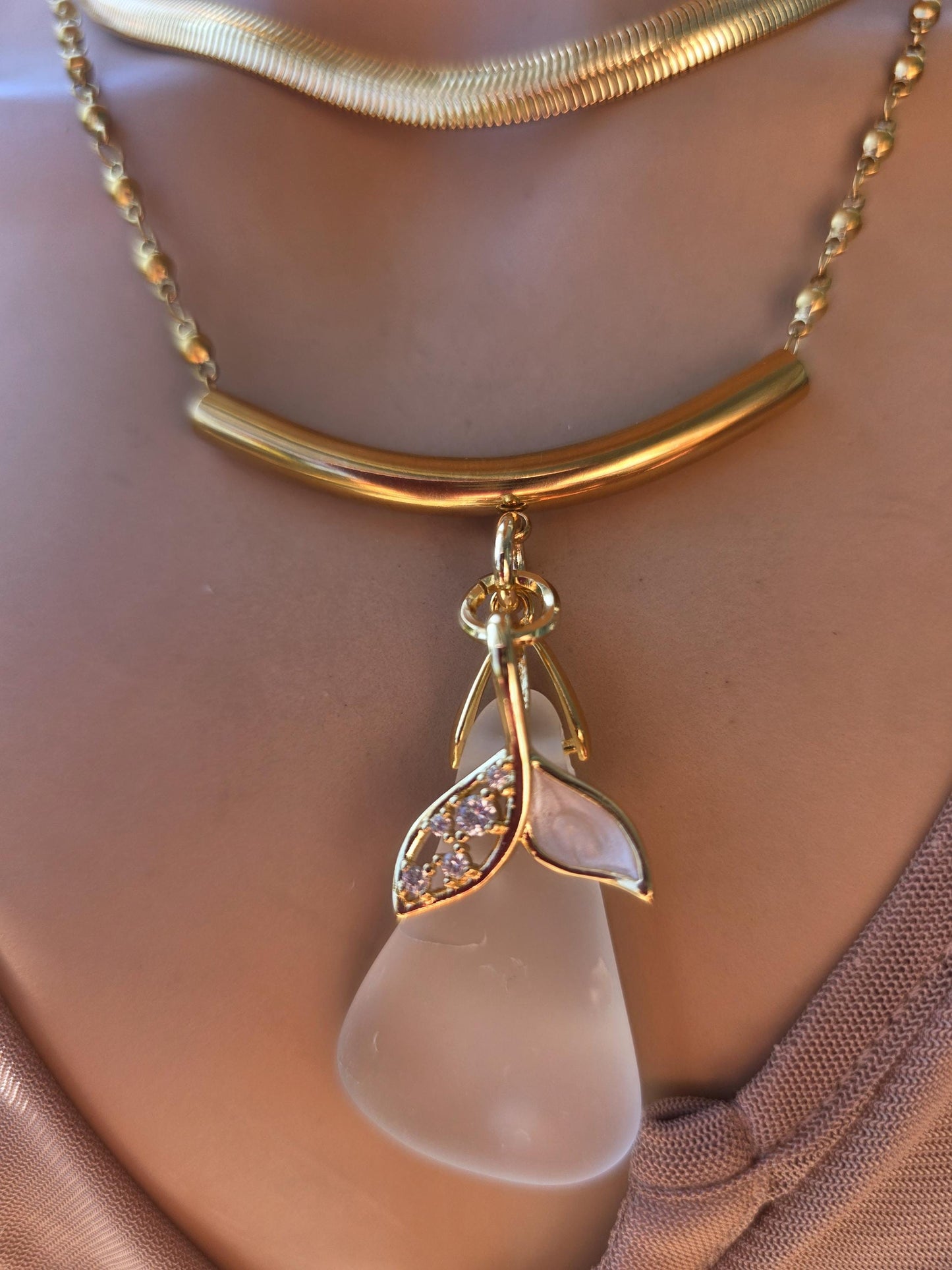 Skadi’s Shoreline – White Sea Glass Necklace, Gold Plated Steel Jewelry, Norse Goddess Pendant, Ocean Tumbled Glass Coastal Layered Necklace