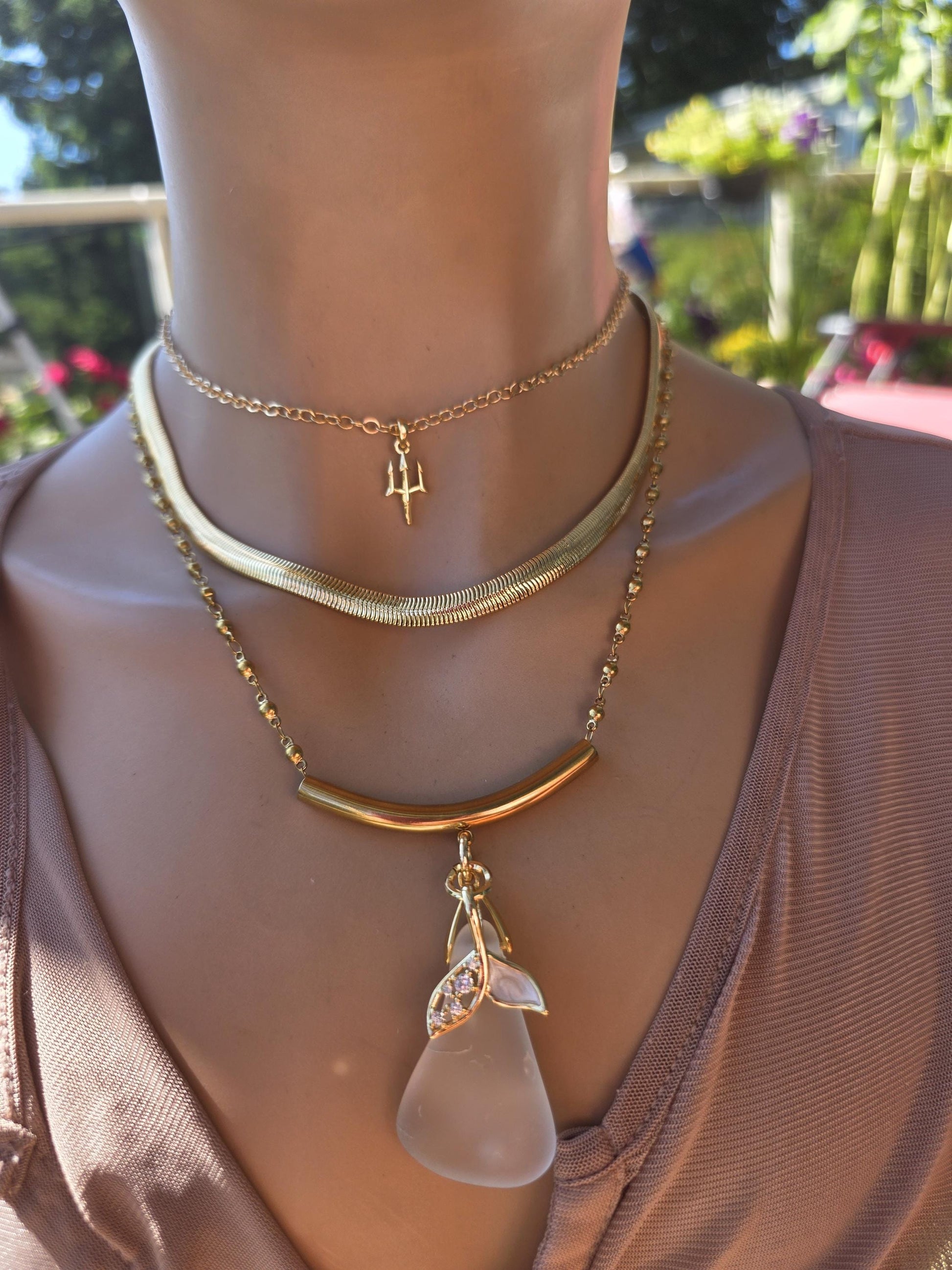 Skadi’s Shoreline – White Sea Glass Necklace, Gold Plated Steel Jewelry, Norse Goddess Pendant, Ocean Tumbled Glass Coastal Layered Necklace