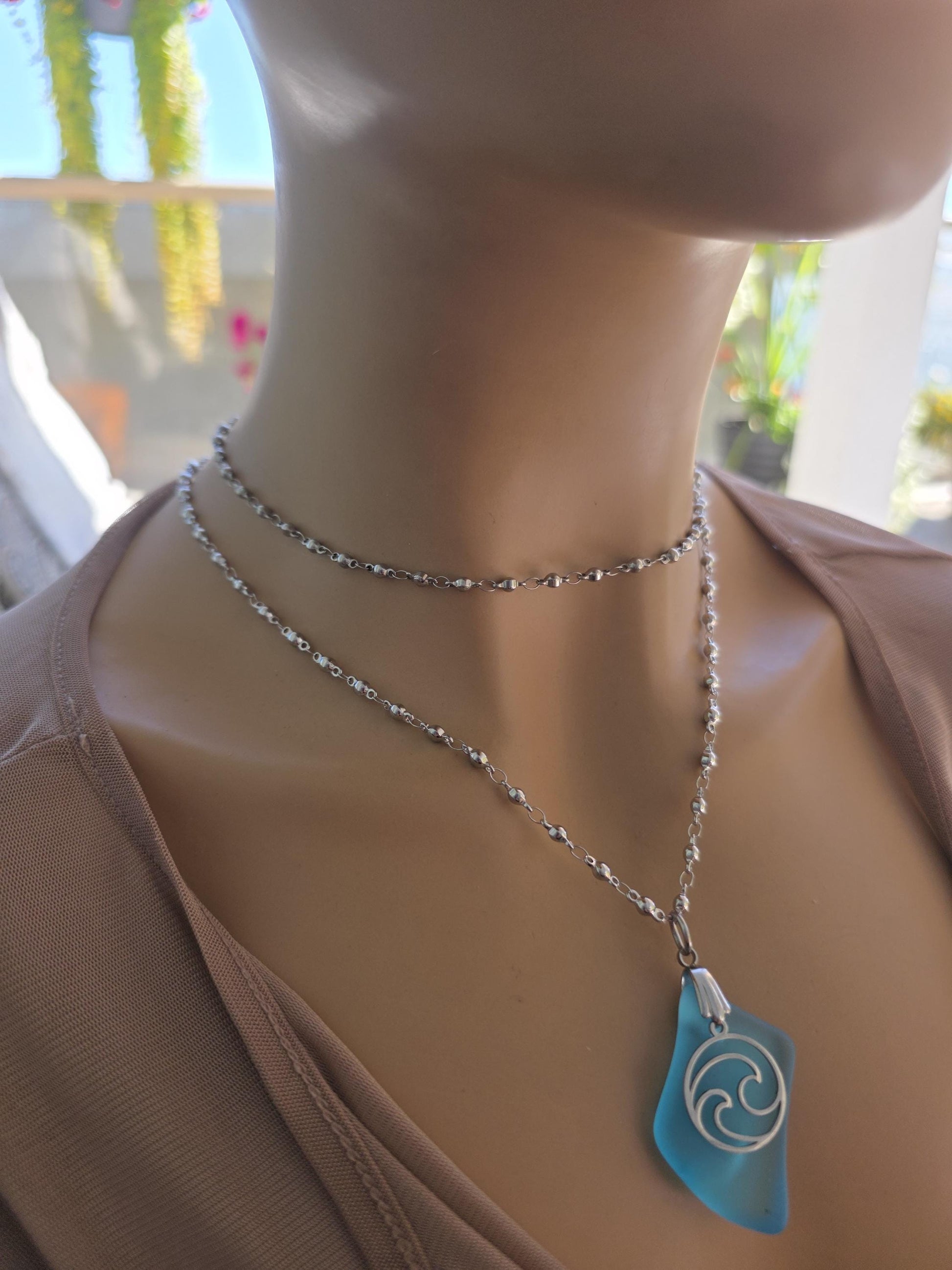 Ocean Wave Sea Glass Necklace - Aqua Blue Surf Tumbled Glass Pendant on Steel Chain, Beach Jewelry, Nautical Gift for Her, Ocean Tumbled