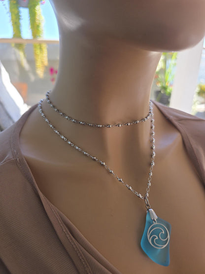 Ocean Wave Sea Glass Necklace - Aqua Blue Surf Tumbled Glass Pendant on Steel Chain, Beach Jewelry, Nautical Gift for Her, Ocean Tumbled