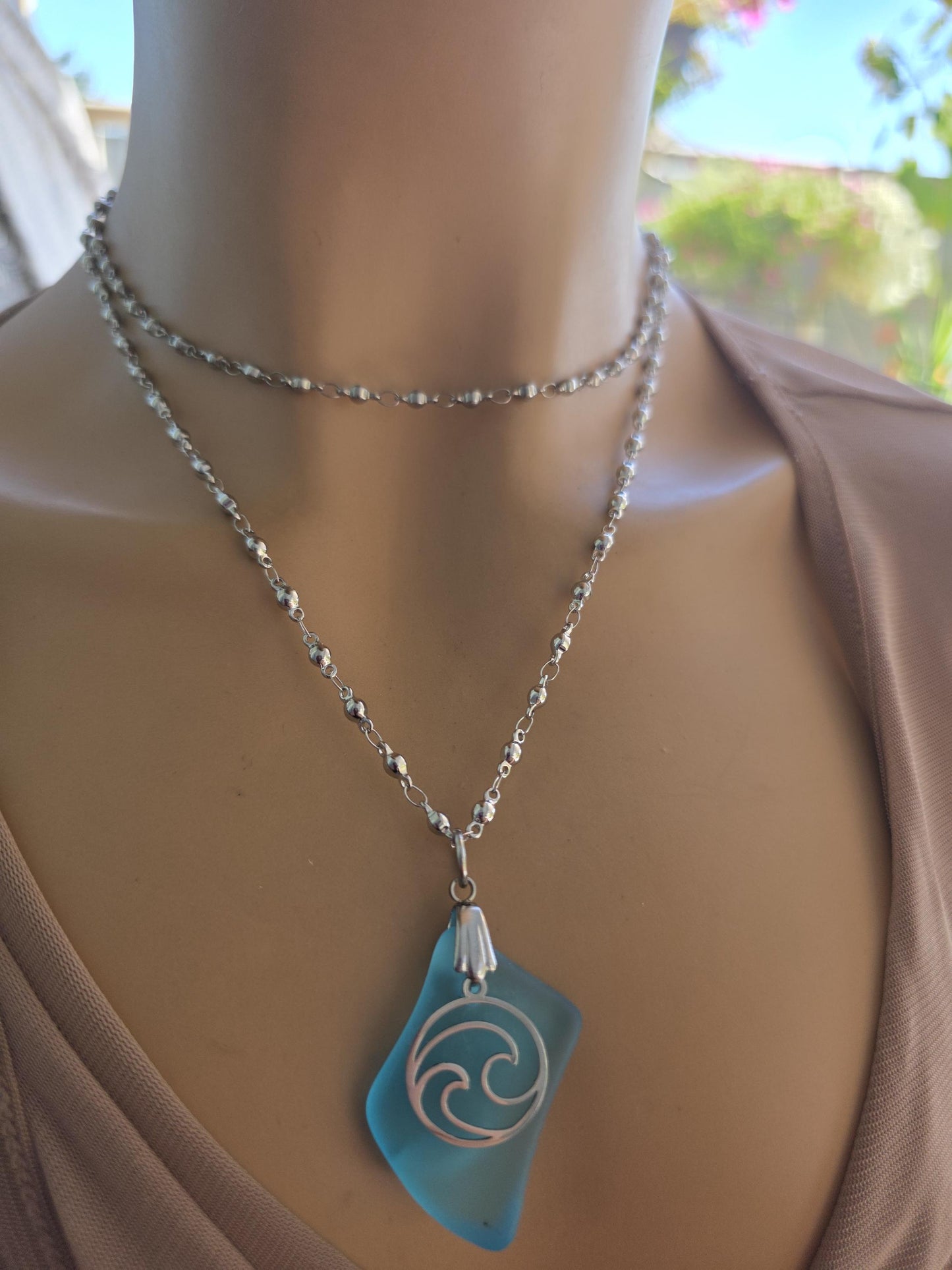 Ocean Wave Sea Glass Necklace - Aqua Blue Surf Tumbled Glass Pendant on Steel Chain, Beach Jewelry, Nautical Gift for Her, Ocean Tumbled
