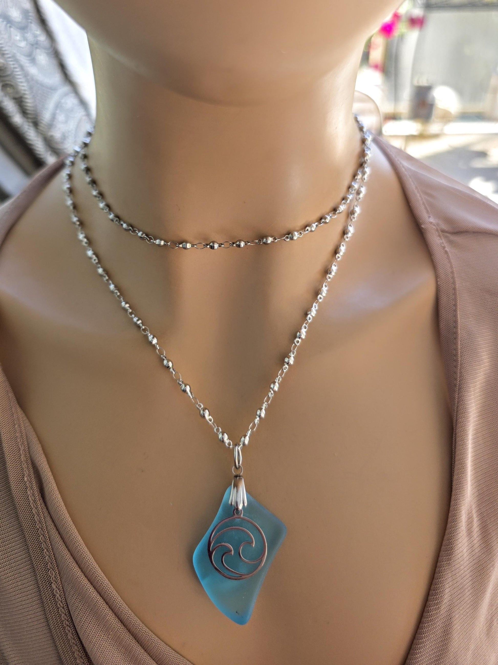 Ocean Wave Sea Glass Necklace - Aqua Blue Surf Tumbled Glass Pendant on Steel Chain, Beach Jewelry, Nautical Gift for Her, Ocean Tumbled
