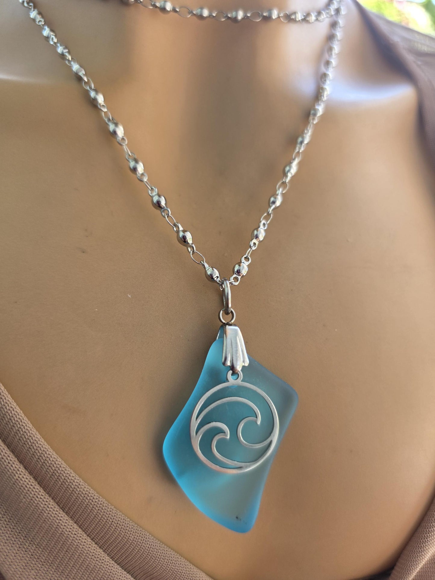 Ocean Wave Sea Glass Necklace - Aqua Blue Surf Tumbled Glass Pendant on Steel Chain, Beach Jewelry, Nautical Gift for Her, Ocean Tumbled