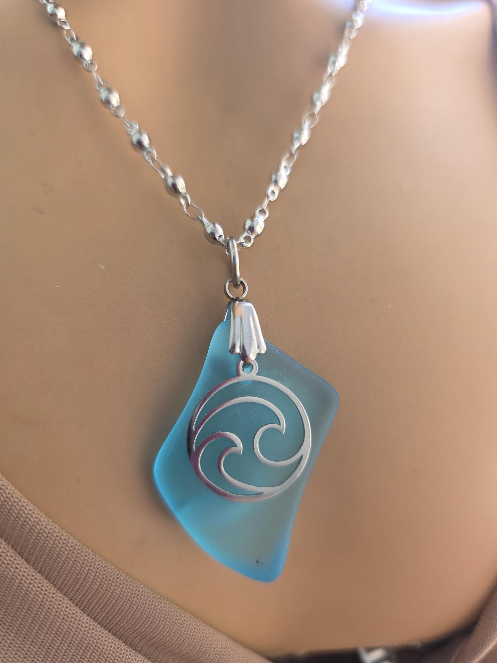 Ocean Wave Sea Glass Necklace - Aqua Blue Surf Tumbled Glass Pendant on Steel Chain, Beach Jewelry, Nautical Gift for Her, Ocean Tumbled