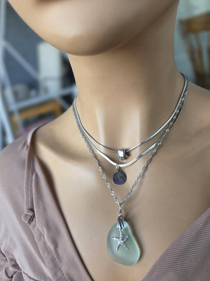 Layered Stainless Steel Sea Glass Necklace with Starfish Charm – Coastal Jewelry for Ocean Lovers