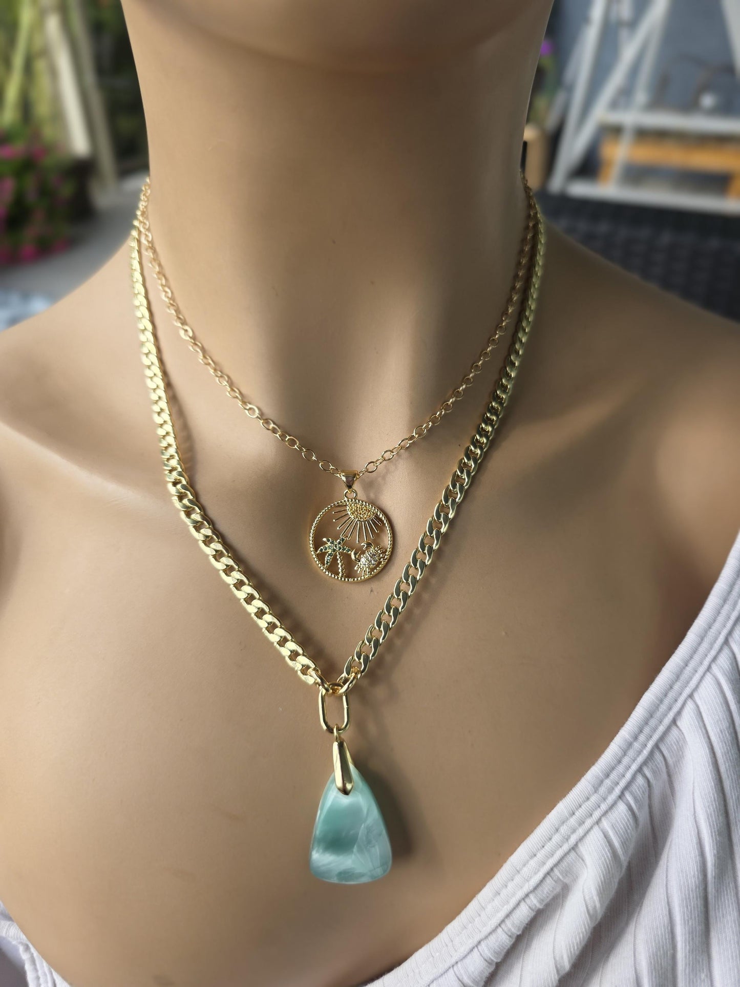 Ocean Theme Hemimorphite Pendant Gold Layered Necklaces Set, Tropical Palm Tree & Crab Zircon Medallion • Boho Healing Sea Beach Jewelry