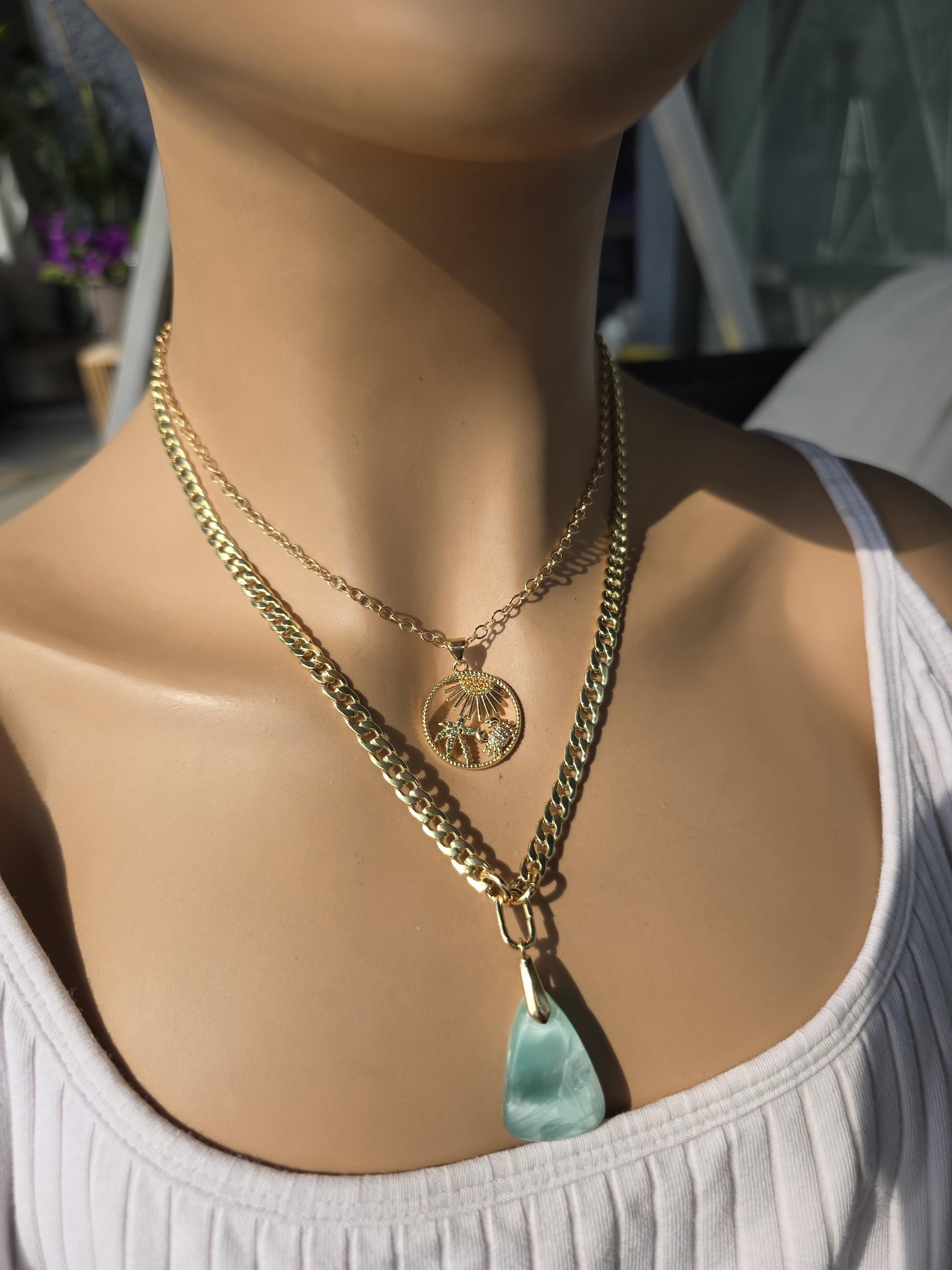 Ocean Theme Hemimorphite Pendant Gold Layered Necklaces Set, Tropical Palm Tree & Crab Zircon Medallion • Boho Healing Sea Beach Jewelry