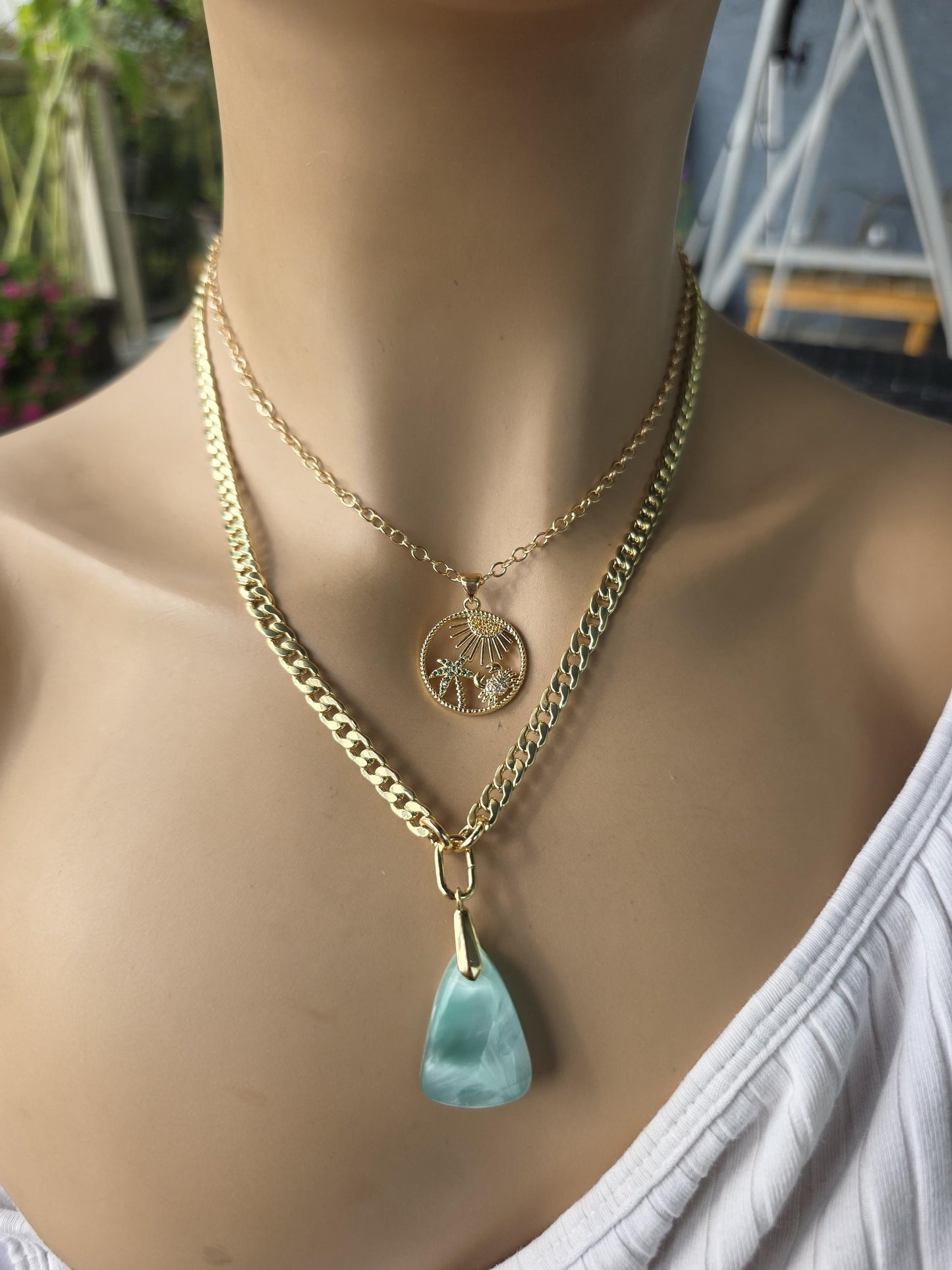 Ocean Theme Hemimorphite Pendant Gold Layered Necklaces Set, Tropical Palm Tree & Crab Zircon Medallion • Boho Healing Sea Beach Jewelry