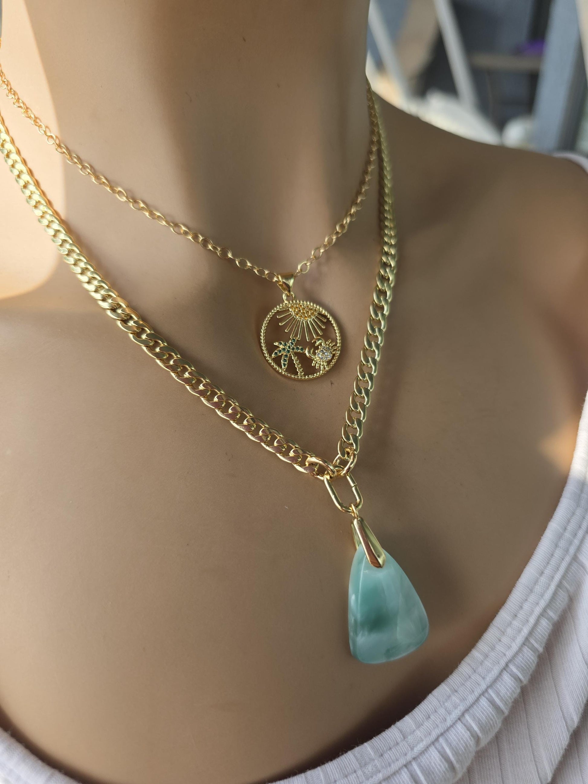 Ocean Theme Hemimorphite Pendant Gold Layered Necklaces Set, Tropical Palm Tree & Crab Zircon Medallion • Boho Healing Sea Beach Jewelry