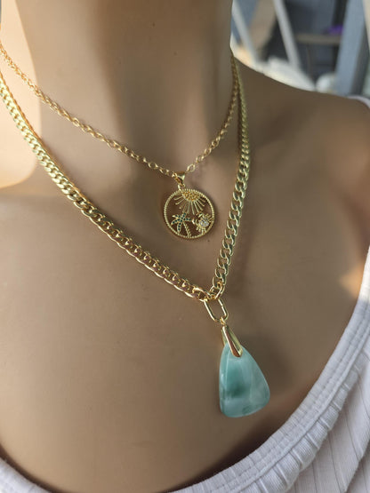 Ocean Theme Hemimorphite Pendant Gold Layered Necklaces Set, Tropical Palm Tree & Crab Zircon Medallion • Boho Healing Sea Beach Jewelry