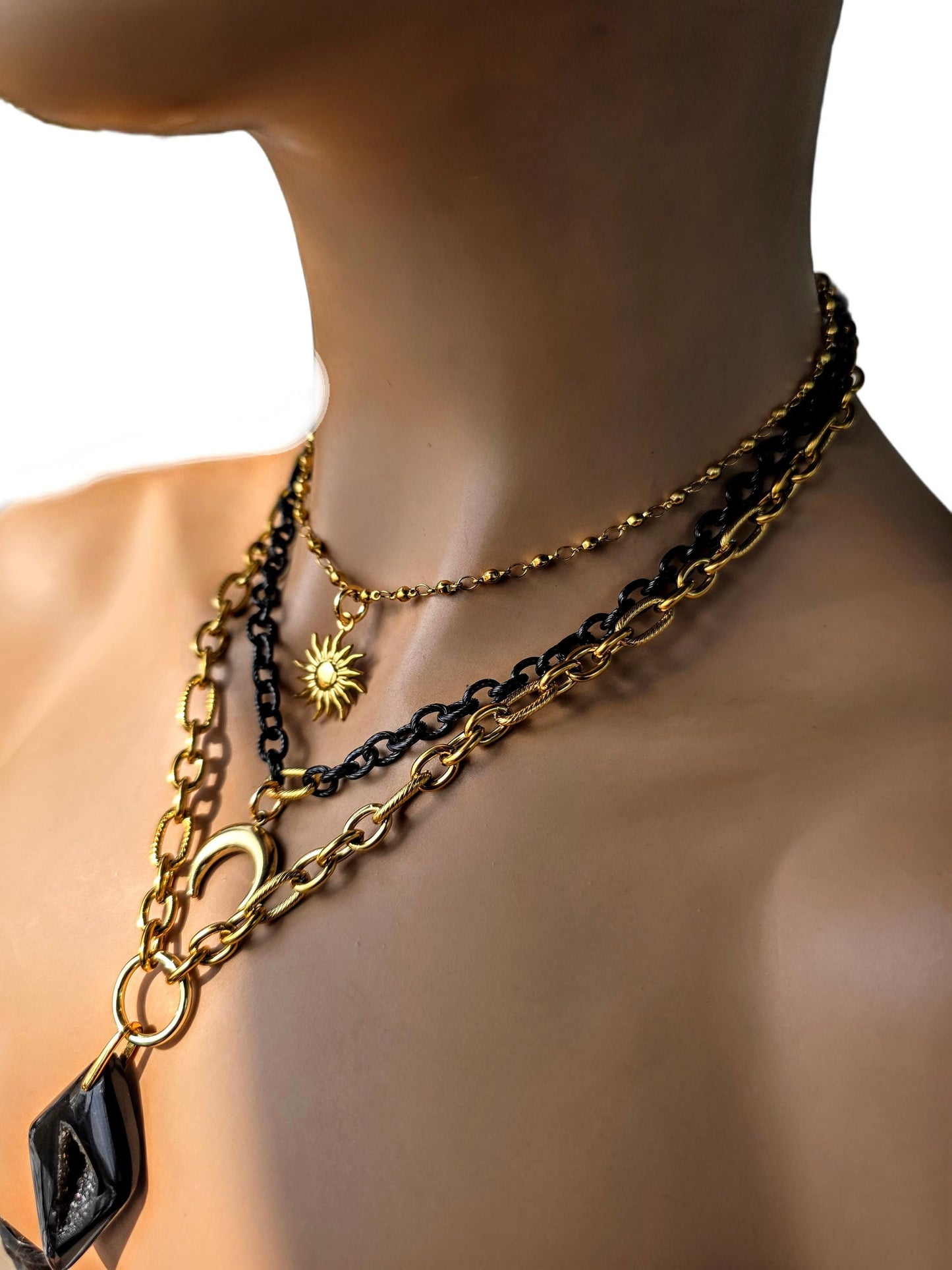 Onyx and Gold Necklace • Gothic Layered Statement Necklace • Black Stone Pendant • 18K Gold Plated Steel • Celestial Sun & Moon Jewelry