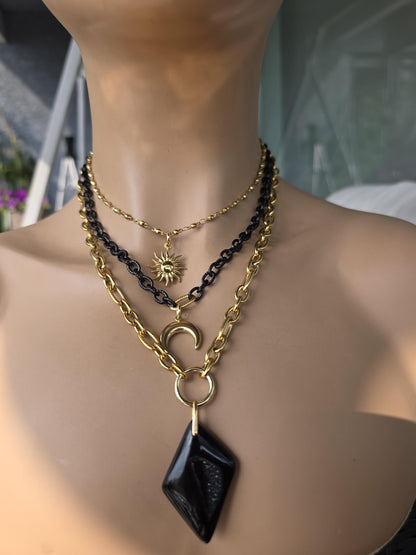 Onyx and Gold Necklace • Gothic Layered Statement Necklace • Black Stone Pendant • 18K Gold Plated Steel • Celestial Sun & Moon Jewelry