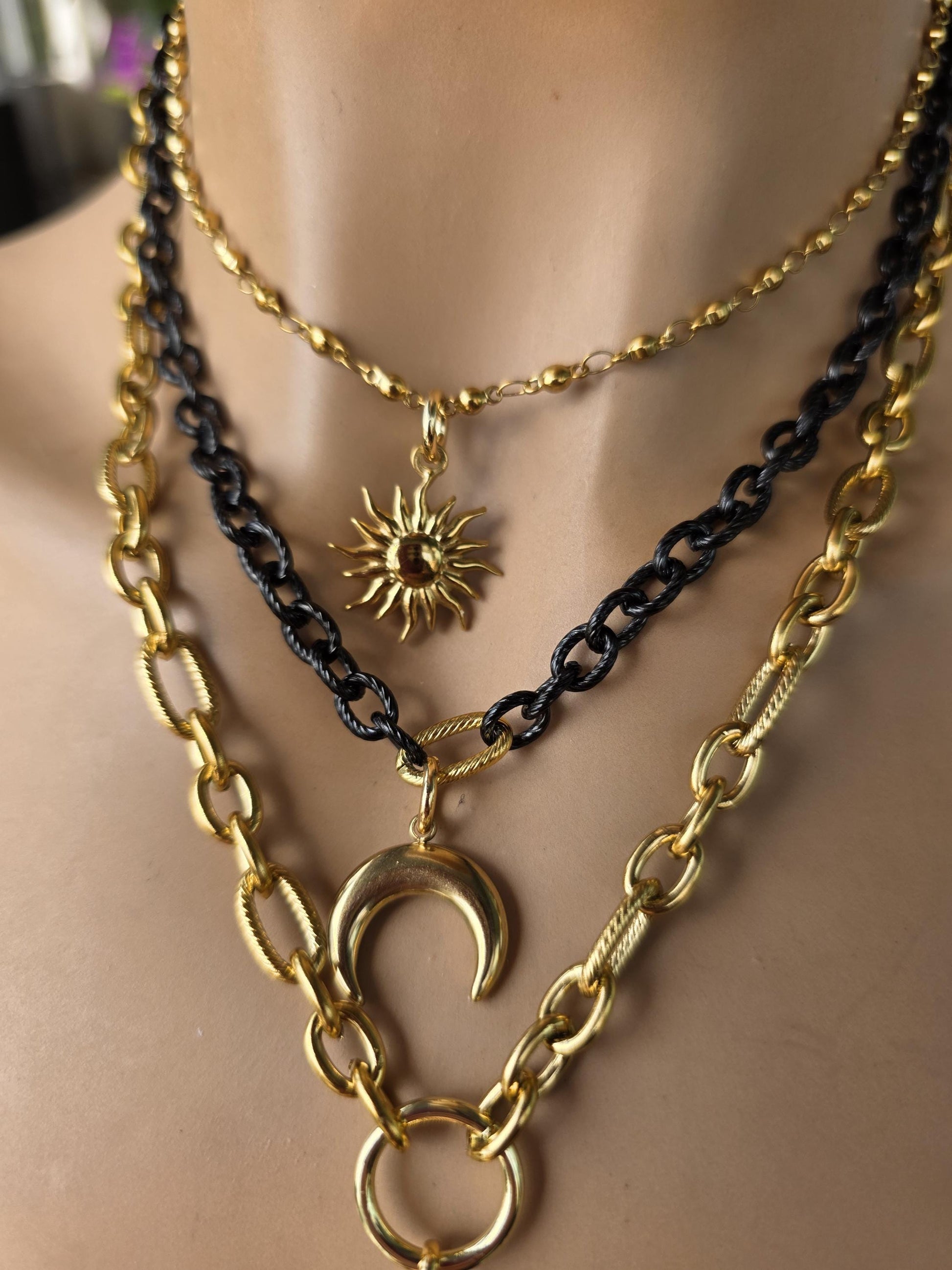 Onyx and Gold Necklace • Gothic Layered Statement Necklace • Black Stone Pendant • 18K Gold Plated Steel • Celestial Sun & Moon Jewelry
