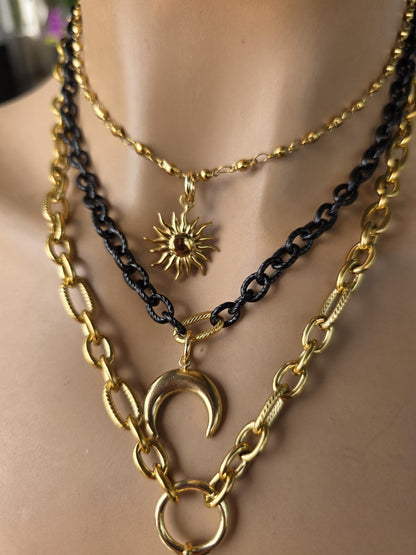 Onyx and Gold Necklace • Gothic Layered Statement Necklace • Black Stone Pendant • 18K Gold Plated Steel • Celestial Sun & Moon Jewelry