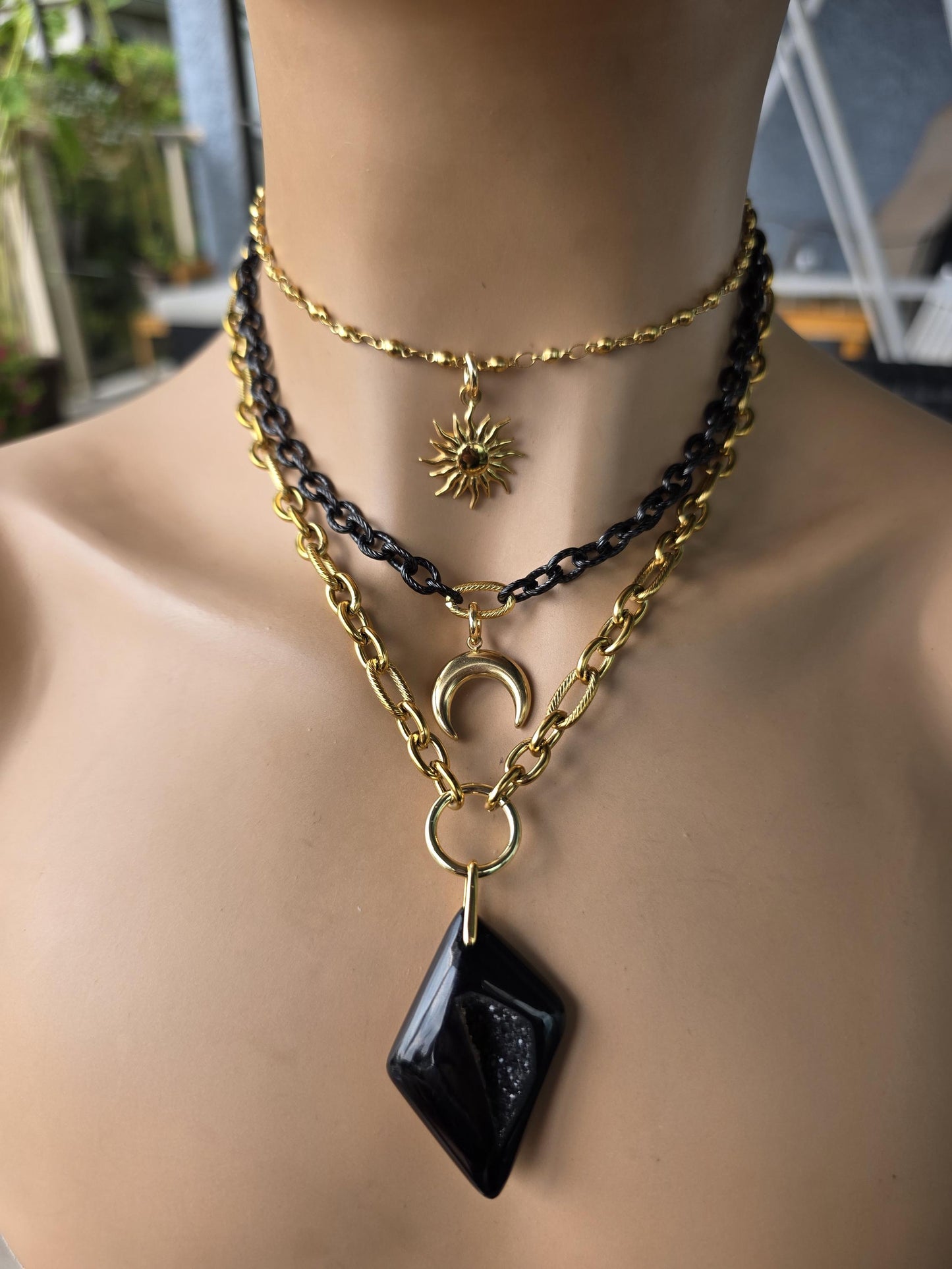 Onyx and Gold Necklace • Gothic Layered Statement Necklace • Black Stone Pendant • 18K Gold Plated Steel • Celestial Sun & Moon Jewelry