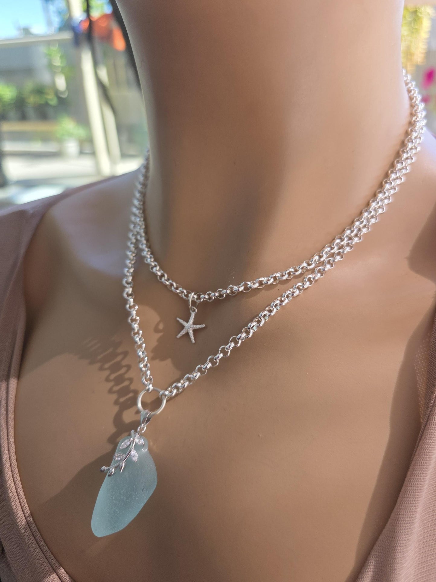 Layered Silver Genuine Sea Glass Pendant Necklace with Starfish Charm, Coastal Jewelry Gift for Ocean Lovers, Beach Layering Necklace