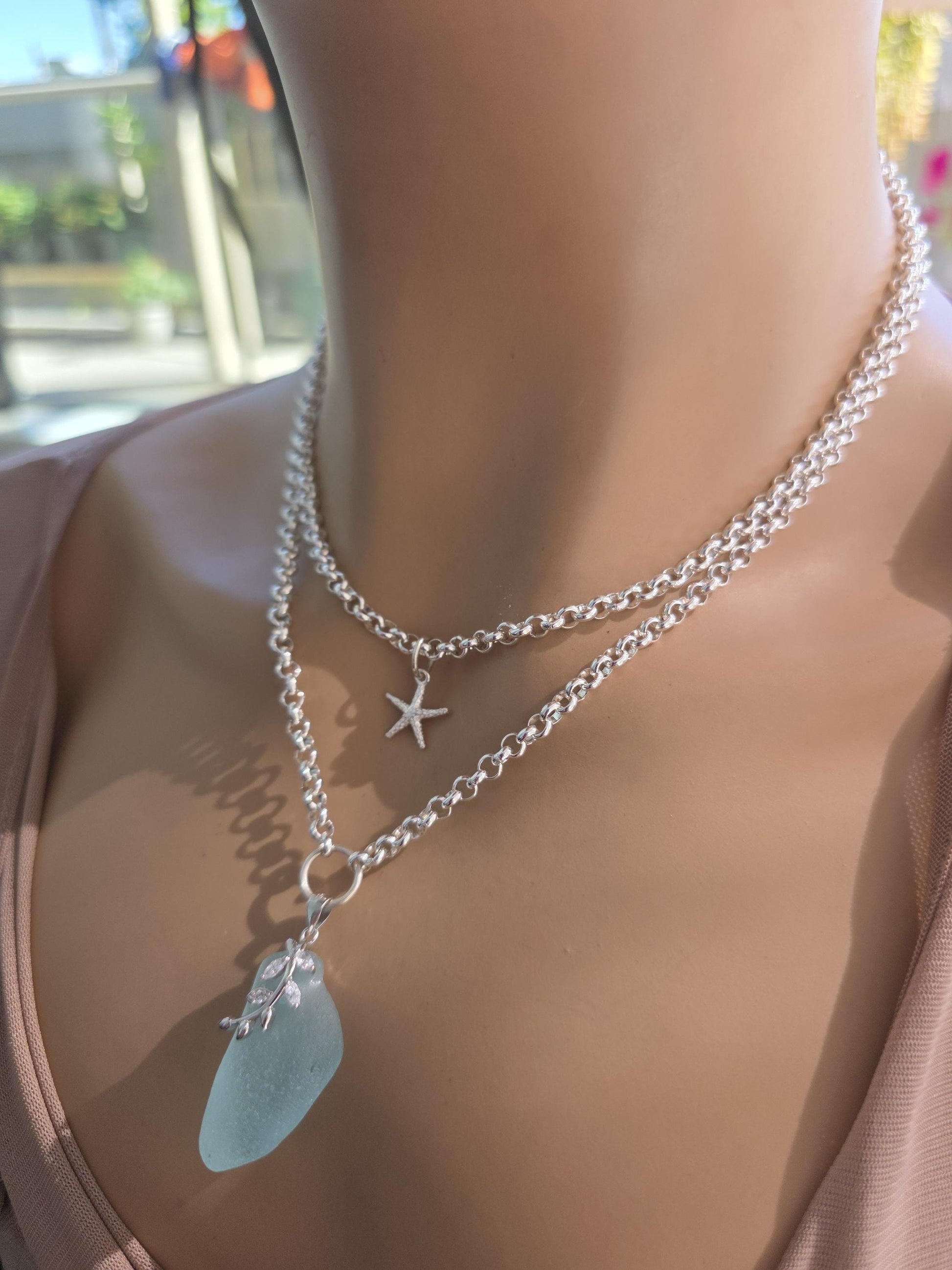Layered Silver Genuine Sea Glass Pendant Necklace with Starfish Charm, Coastal Jewelry Gift for Ocean Lovers, Beach Layering Necklace