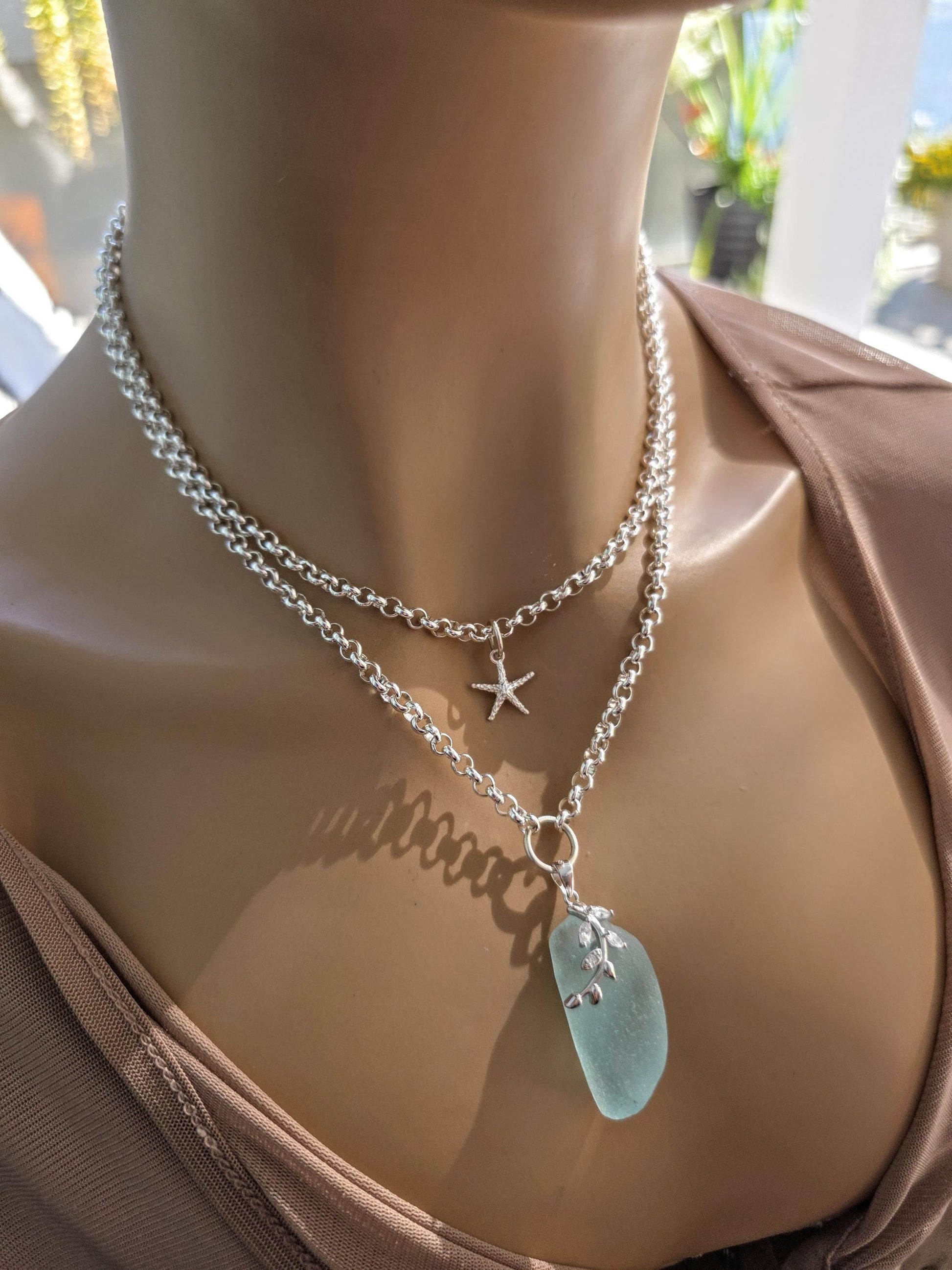 Layered Silver Genuine Sea Glass Pendant Necklace with Starfish Charm, Coastal Jewelry Gift for Ocean Lovers, Beach Layering Necklace