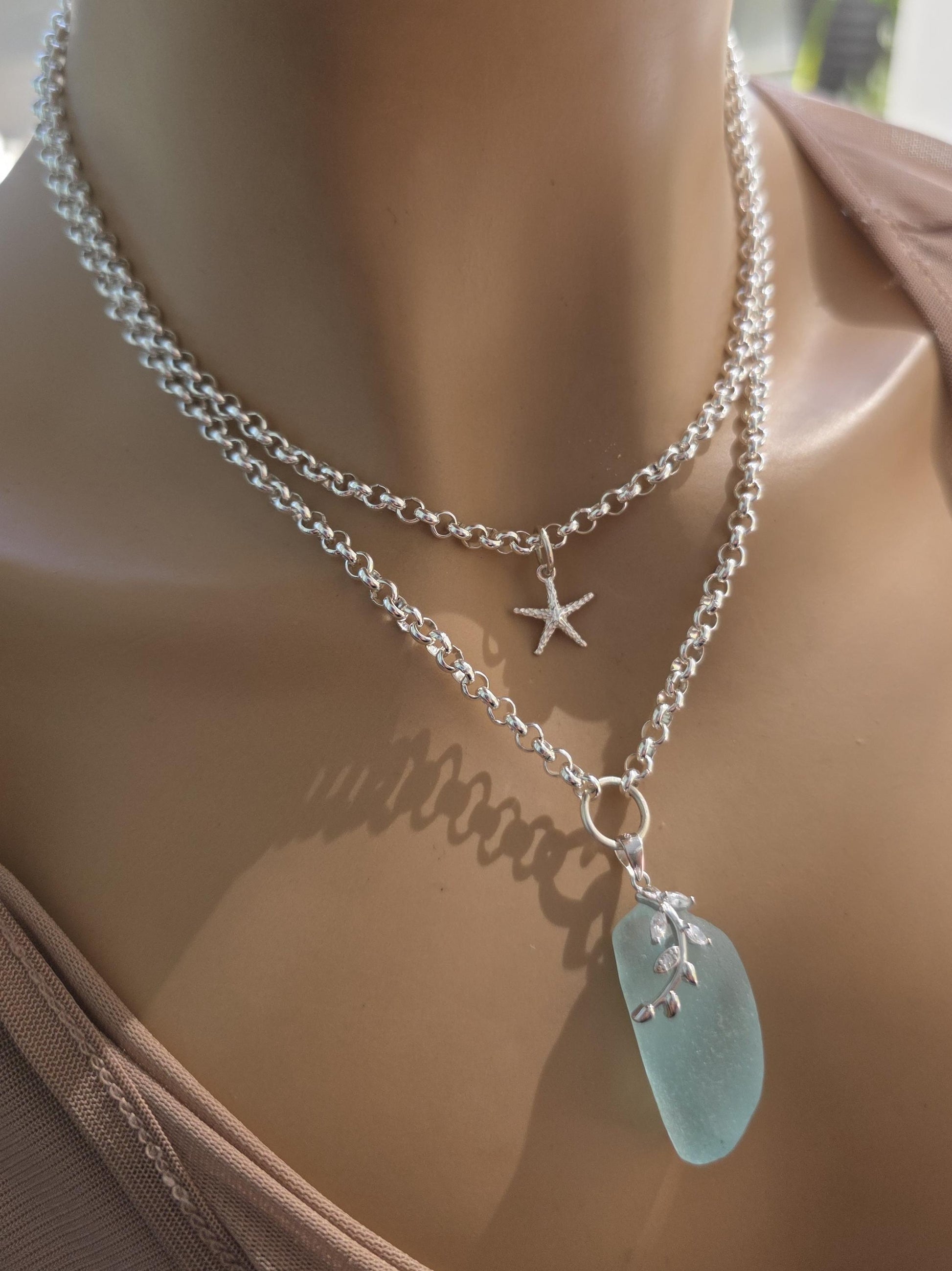 Layered Silver Genuine Sea Glass Pendant Necklace with Starfish Charm, Coastal Jewelry Gift for Ocean Lovers, Beach Layering Necklace