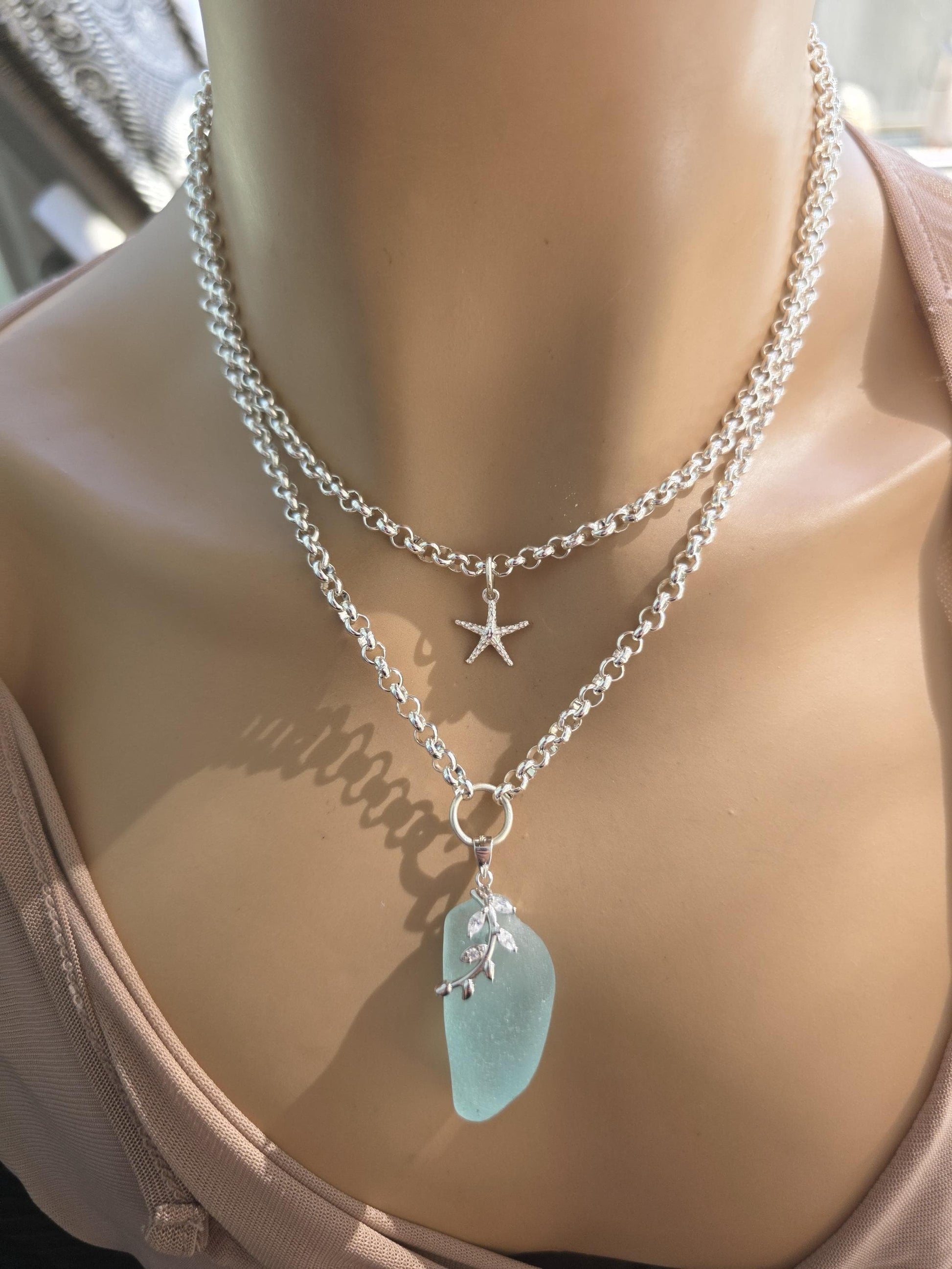 Layered Silver Genuine Sea Glass Pendant Necklace with Starfish Charm, Coastal Jewelry Gift for Ocean Lovers, Beach Layering Necklace
