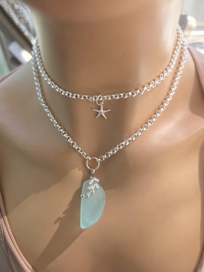 Layered Silver Genuine Sea Glass Pendant Necklace with Starfish Charm, Coastal Jewelry Gift for Ocean Lovers, Beach Layering Necklace