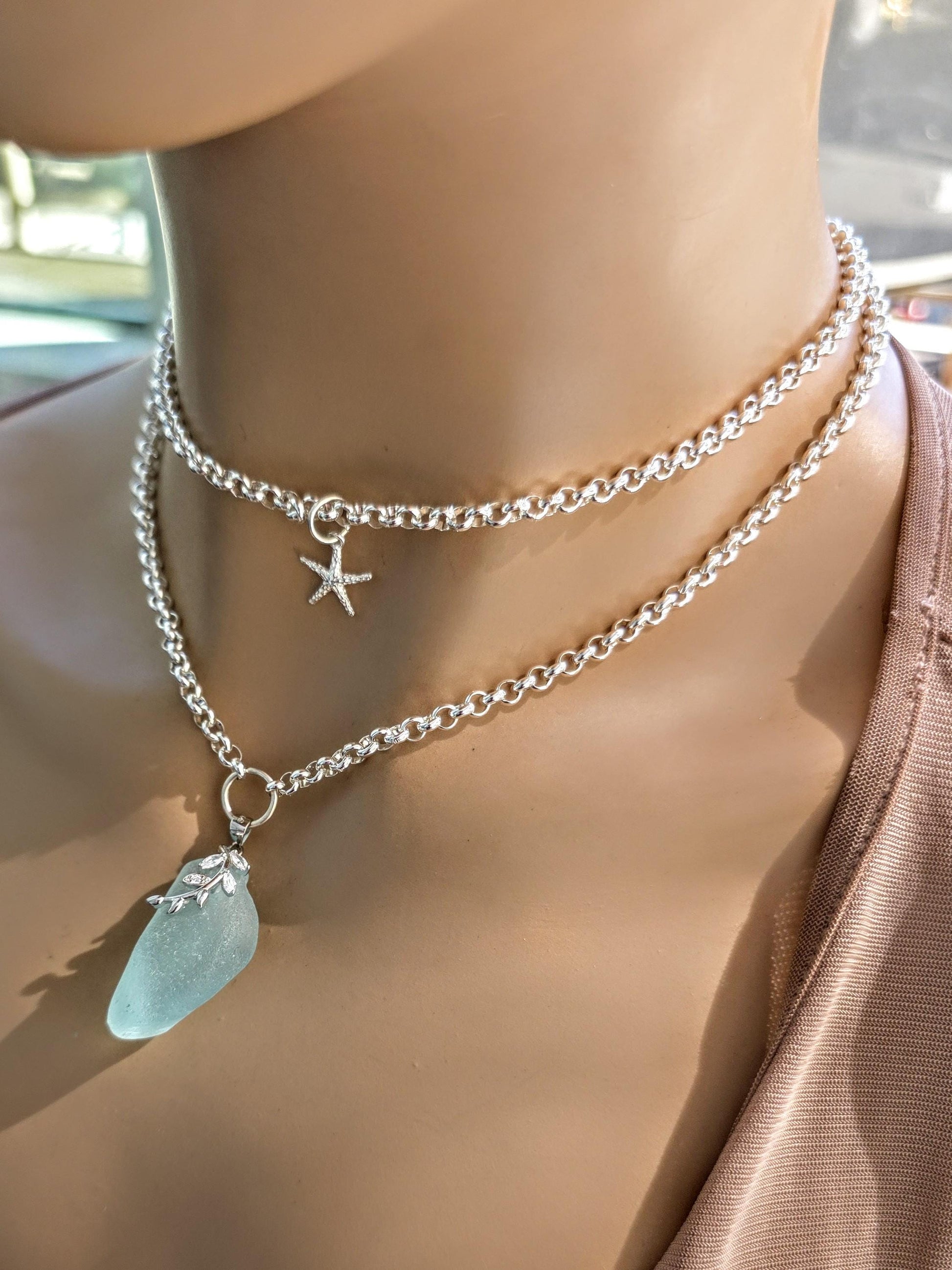 Layered Silver Genuine Sea Glass Pendant Necklace with Starfish Charm, Coastal Jewelry Gift for Ocean Lovers, Beach Layering Necklace