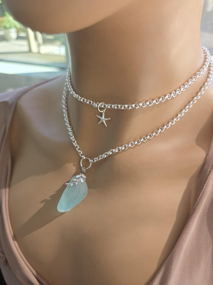Layered Silver Genuine Sea Glass Pendant Necklace with Starfish Charm, Coastal Jewelry Gift for Ocean Lovers, Beach Layering Necklace